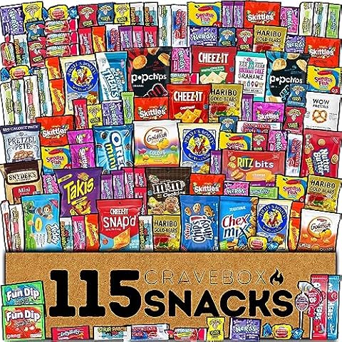 CRAVEBOX Snack and Candy Box (115 Count) Valentines Day Variety Pack Bundle Assortment Gift Basket Adults Kids Care Package Boyfriend Birthday Office College Gourmet Teen Boys Men Bouquets Students Food College Back to School Cover