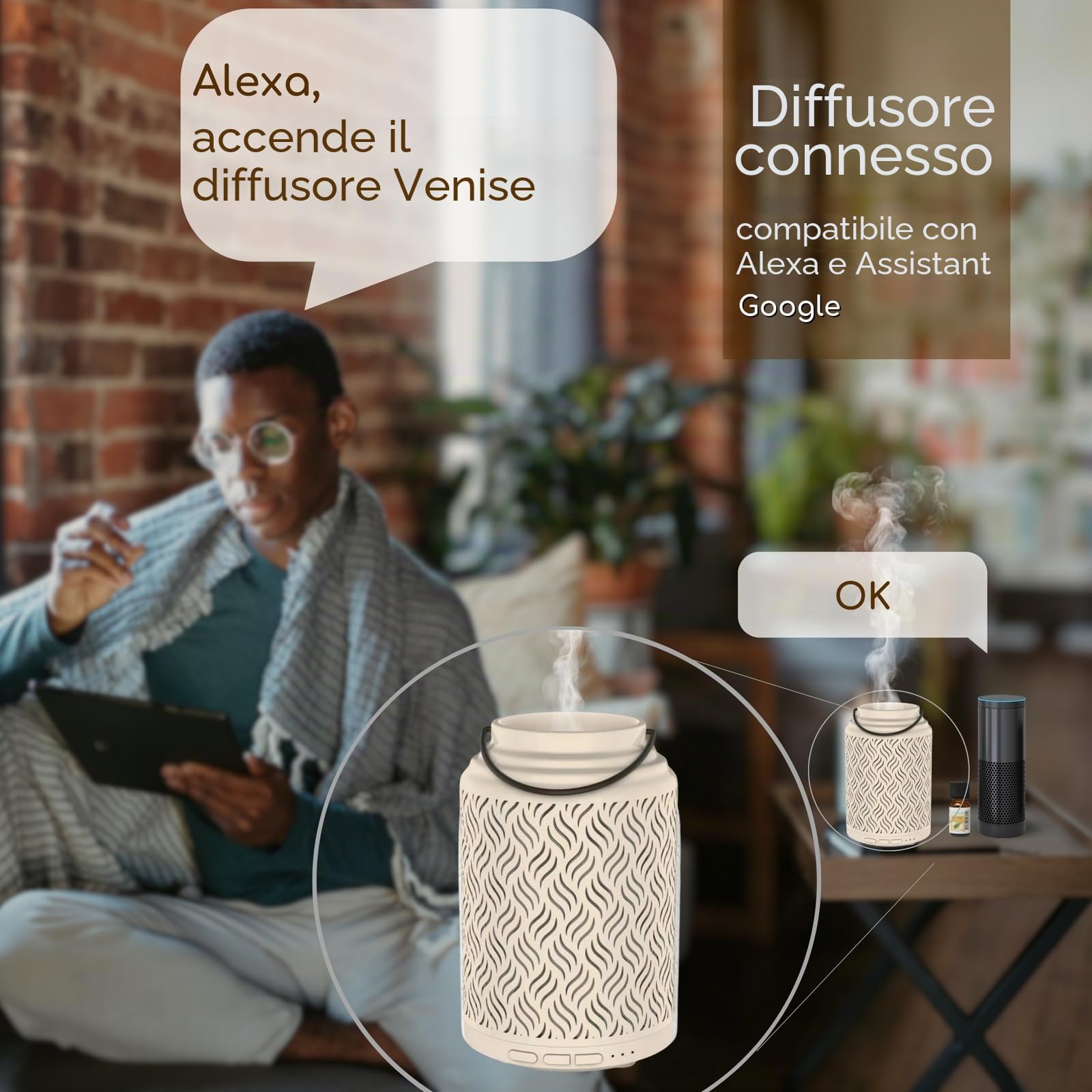 Zen'Aroma Diffusore di Olio Essenziale Wifi Venezia – Diffusore Elettrico Connesso Compatibile Alexa/Google Home – Controllo Totale a Distanza sull'APP Tuya Smart – Materiali Naturali Legno e Ceramica