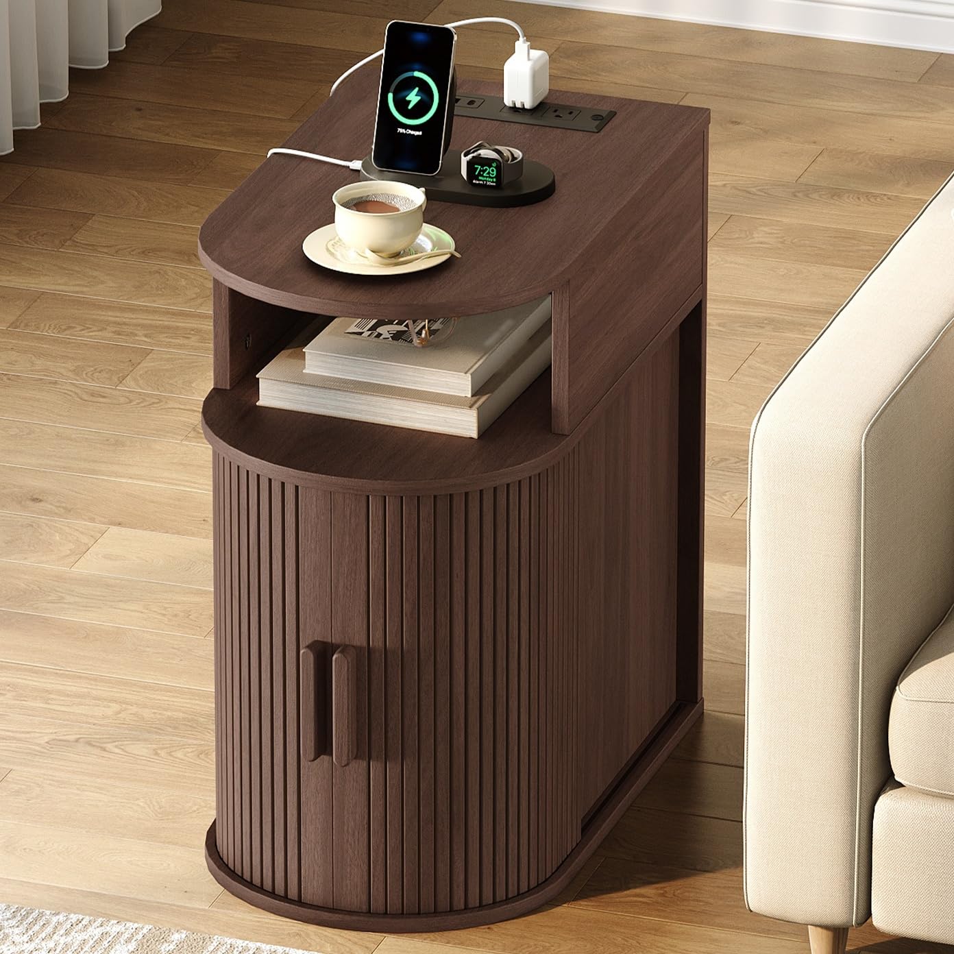 Narrow End Table with Charging Station, Fluted Sofa Side Table with Sliding Curved Door and Storage Shelf, Mid-Century Bedside Table, Modern Nightstand for Living Room, Bedroom, Walnut