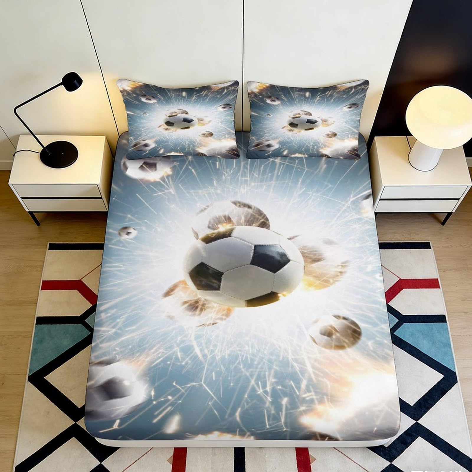 3D Printed Football Splash Fitted Sheet Microfiber Soft Breathable Soccer Explosion Bed Cover for Bedroom Decor 90x200x25cm