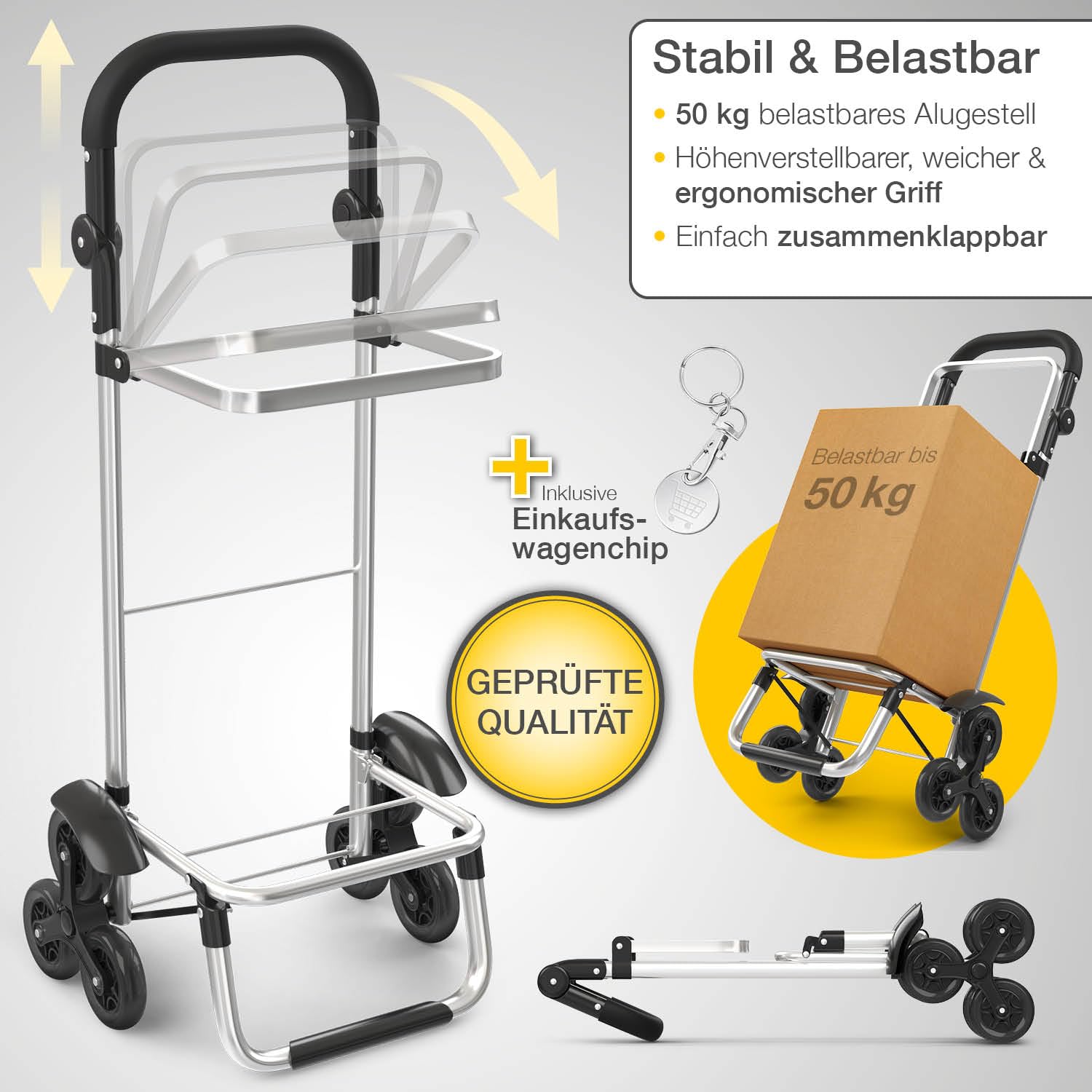 ELONEO Einkaufstrolley Treppensteiger mit Kühlfach, Einkaufsroller klappbar, Shopping Trolley höhenverstellbar, Reflektoren, abnehmbare Tasche 56 L, Hackenporsche (Treppensteiger-Trolley, Blau)