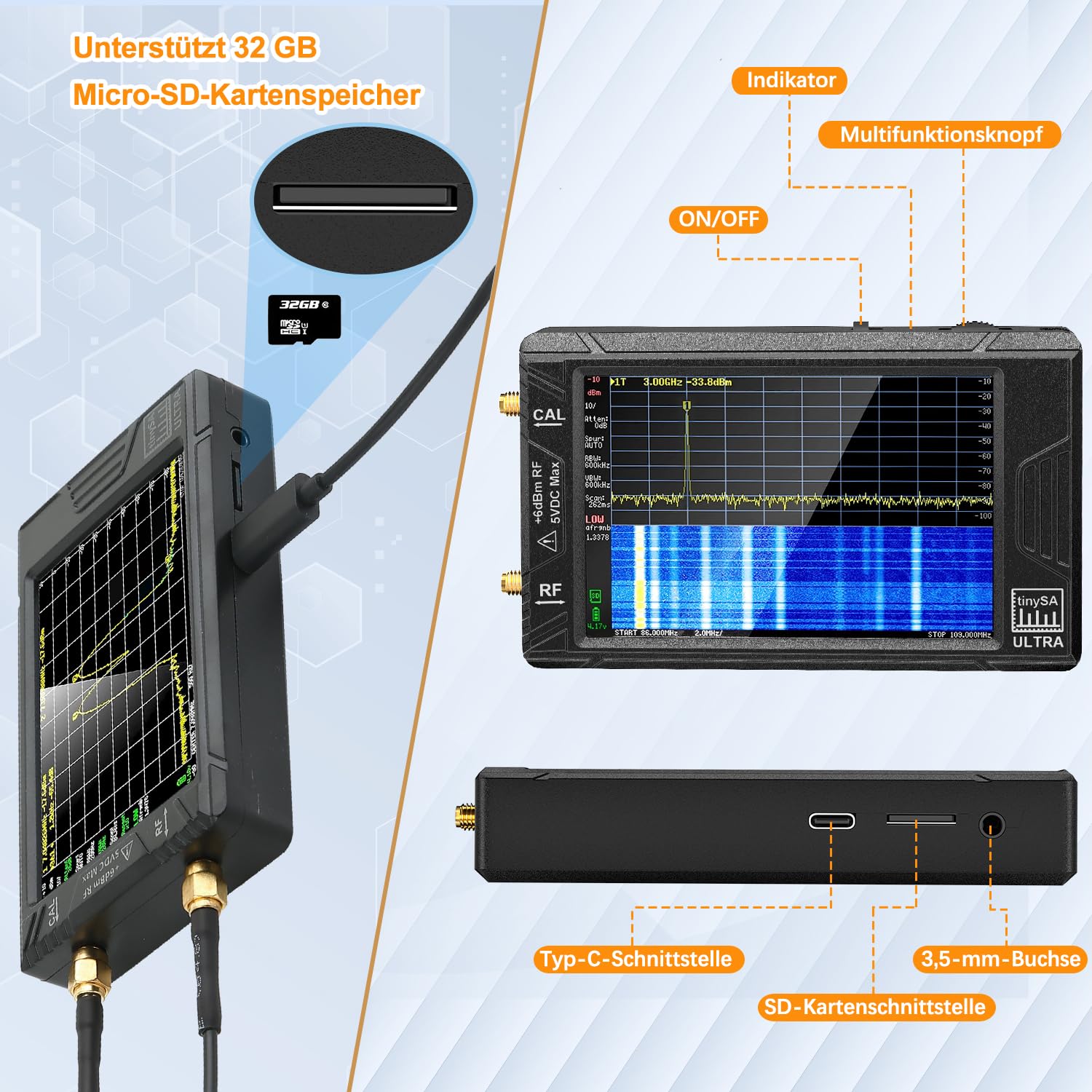 TinySA Ultra Spektrumanalysator, 100kHz-5,3GHz Handheld Frequenzanalysator 4-Zoll empfindlichem Touchscreen, 2-in-1-Signalgenerator 100kHz bis 800MHz Eingang | 32GB SD-Karte,ESD-Schutzfunktion