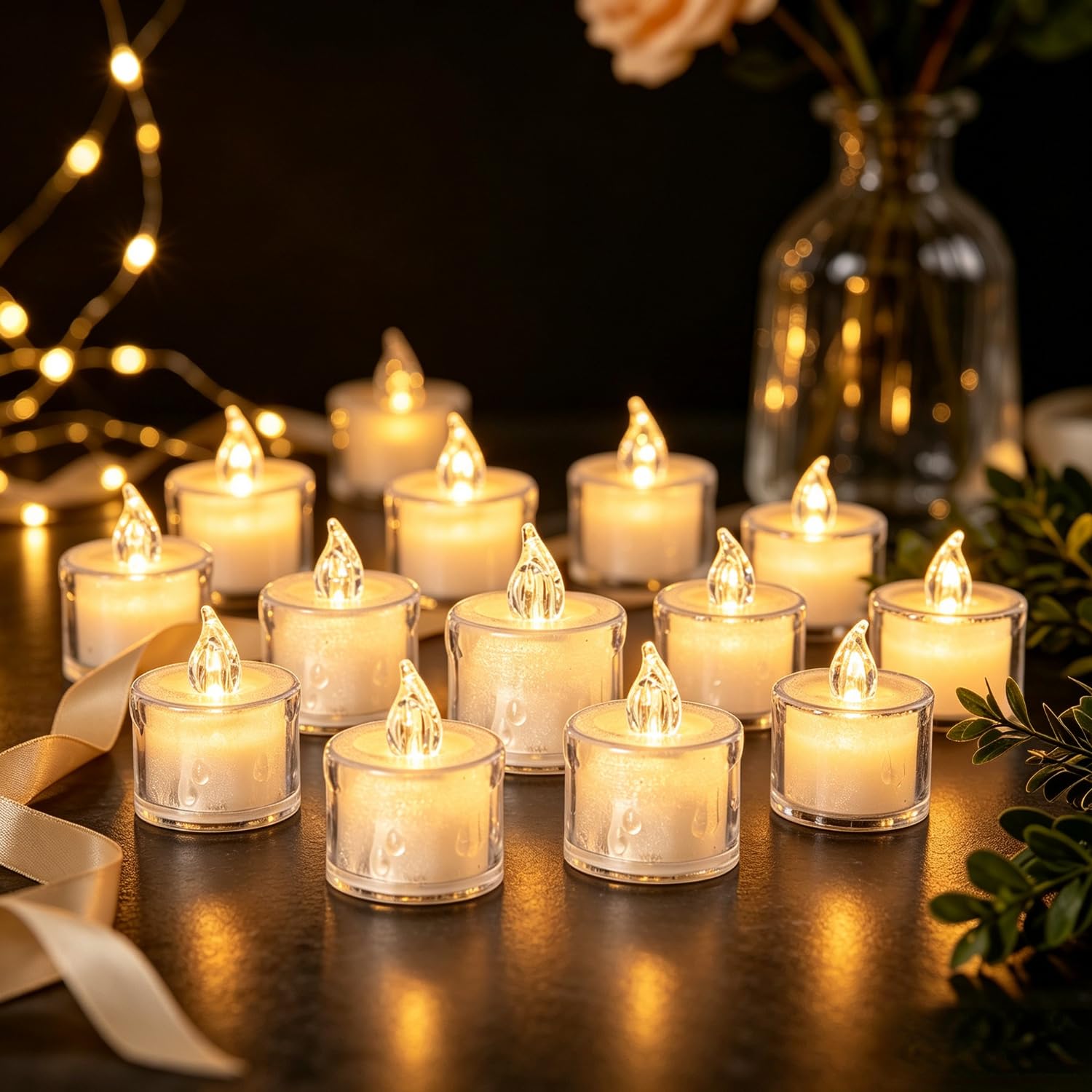 4-12 pcs Realistic and Bright Battery Operated Flameless LED Tea Lights Candles,Crystal Electric Fake Candles for Halloween Valentine's Day Weddings Christmas Party Festivals Decoration in Warm Yellow