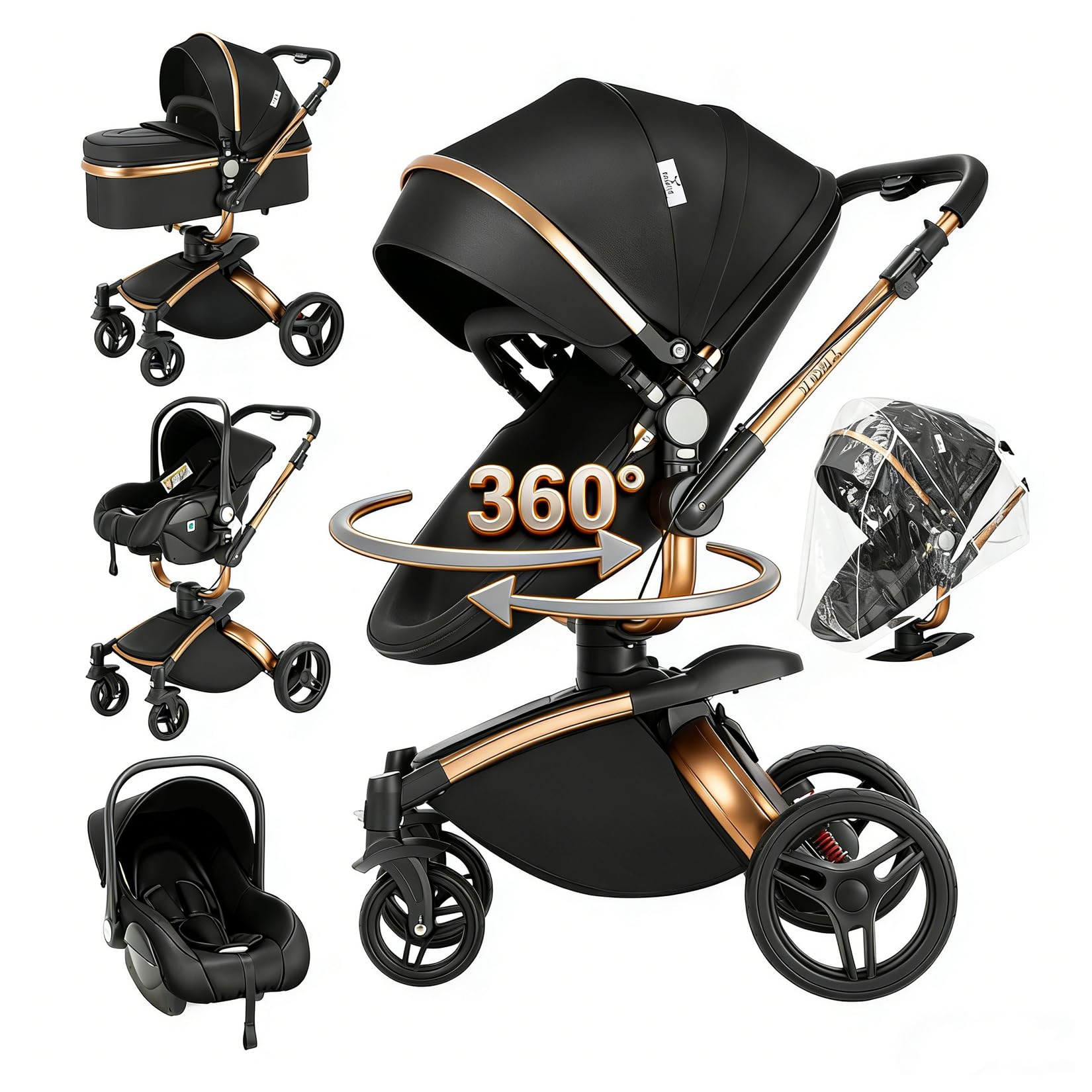 Magic ZC 360° Girevole Pelle PU Passeggino Trio, Passeggino 3 in 1 con Doppia Modalità Push Reversibile, Trio Passeggini Neonati in Alluminio, Carrozzina Neonati Grande Navicella (906 Black)