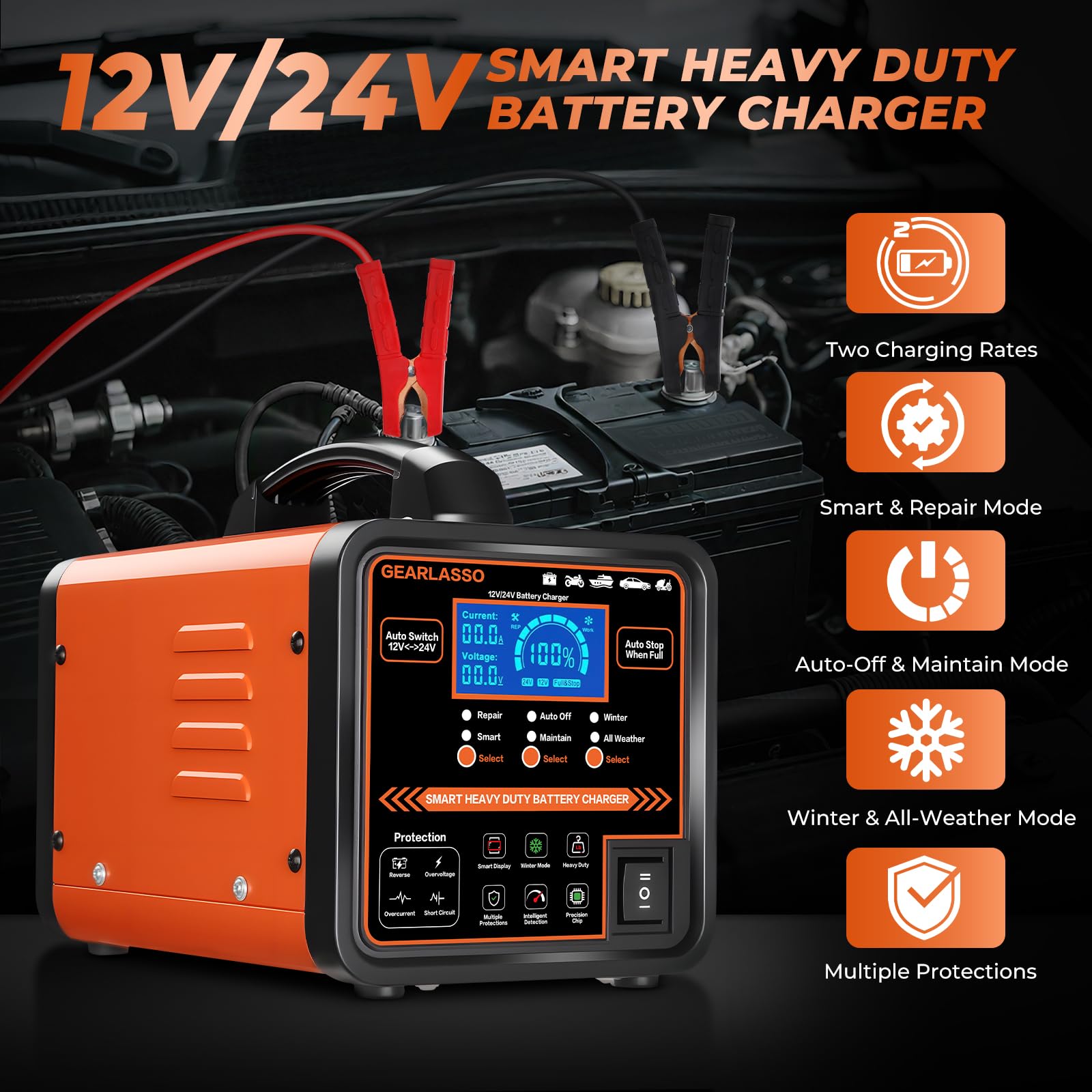 Caricabatterie per auto da 12 V 24 V, resistente, manutenzione automatica della batteria 0-15 A, caricabatterie intelligente con spegnimento automatico, riparazione, modalità invernale, per