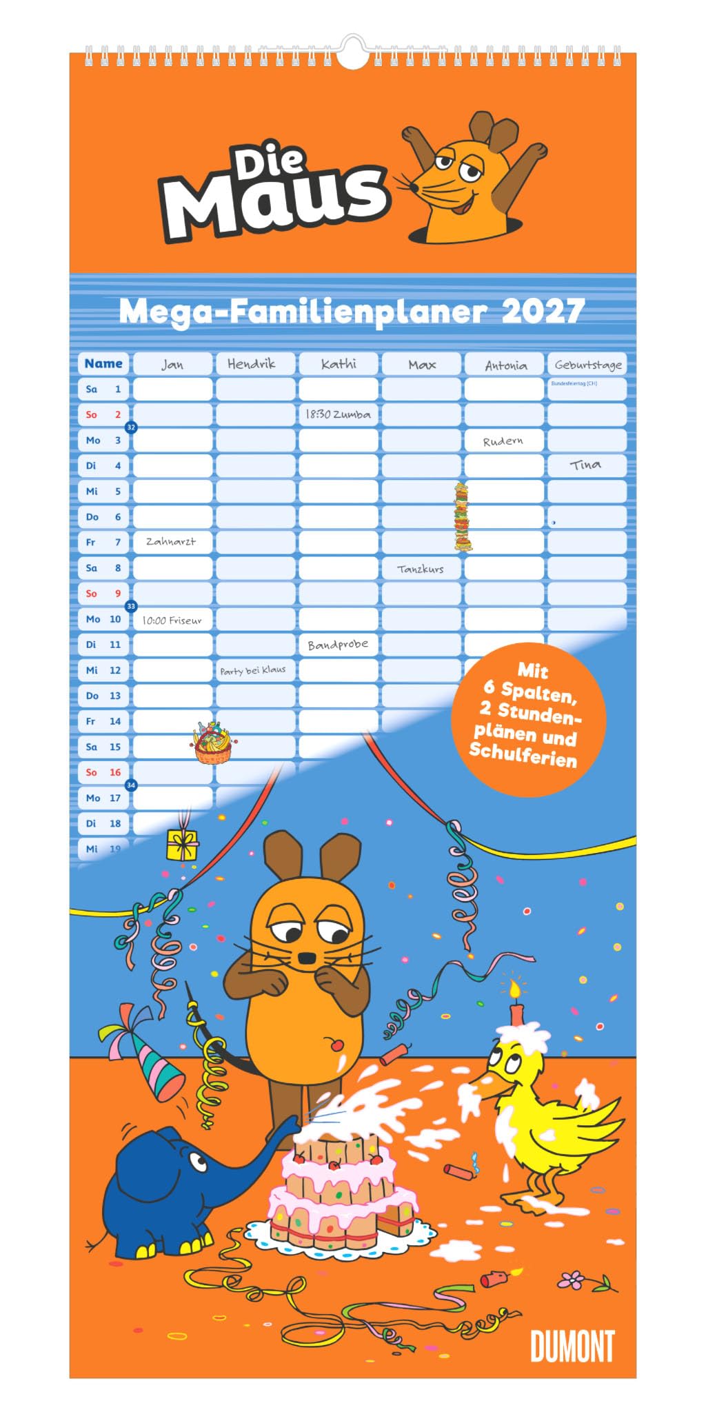 Die Maus Megaplaner 2027: Familienplaner 30 x 70 cm mit 6 Spalten, Stundenplänen & Schulferien, ideal für Familienorganisation