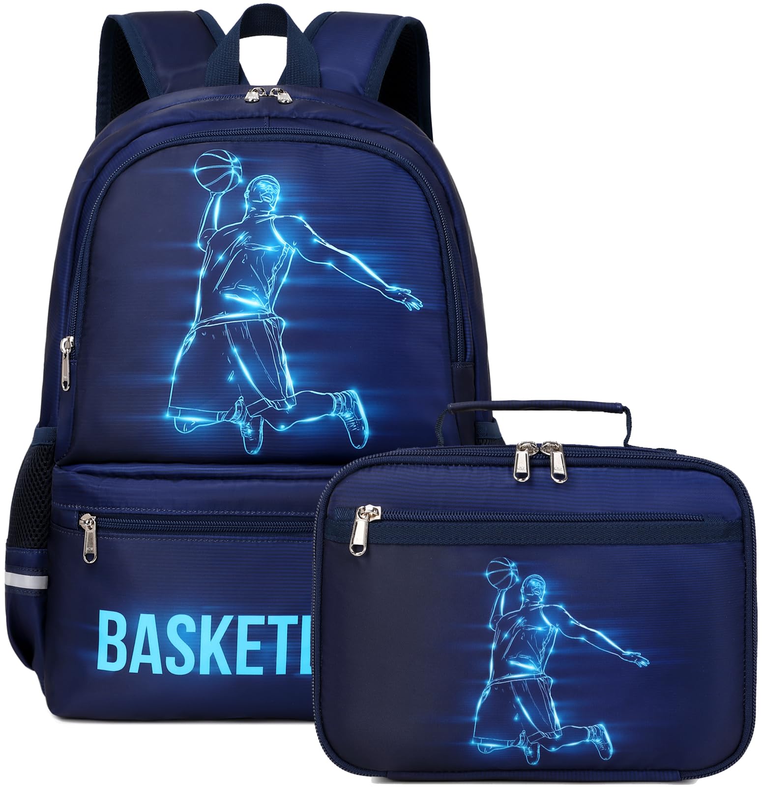 JIANYA Kids Backpack for School Boys, Basketball Themed Backpack with Lunch Box Elementary Kids School Bag Travel Back Pack for Boy, Blue