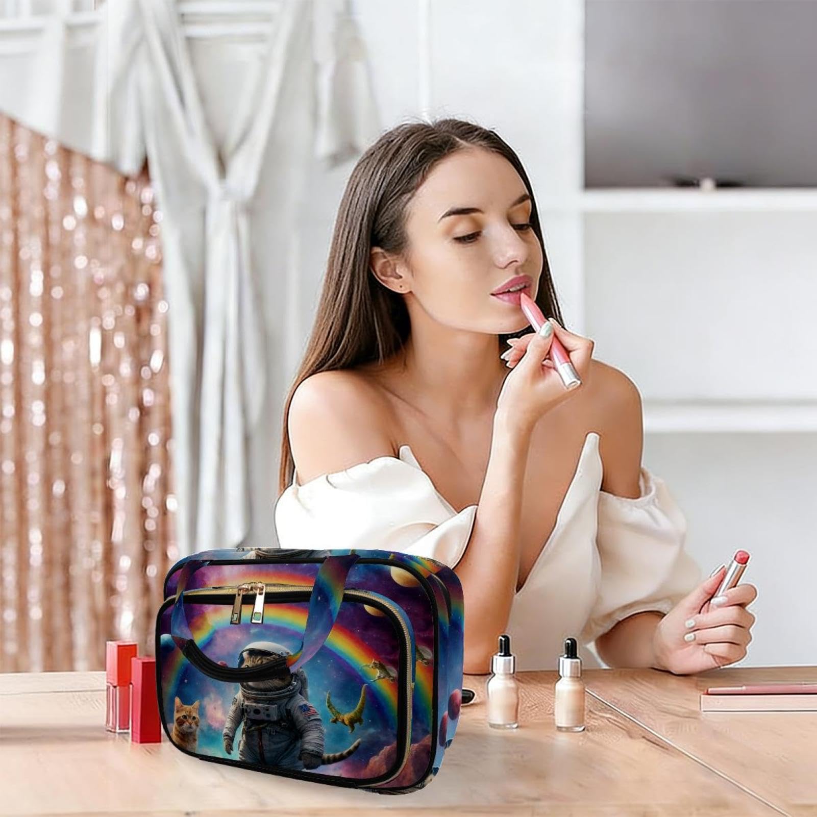 Kulturbeutel zum Aufhängen für Damen, weiße Blume, Reise-Make-up-Tasche, Organizer, Kosmetiktasche, Make-up-Kulturbeutel für Reiseutensilien, Zubehör, Mehrfarbig 19, M, Kulturbeutel