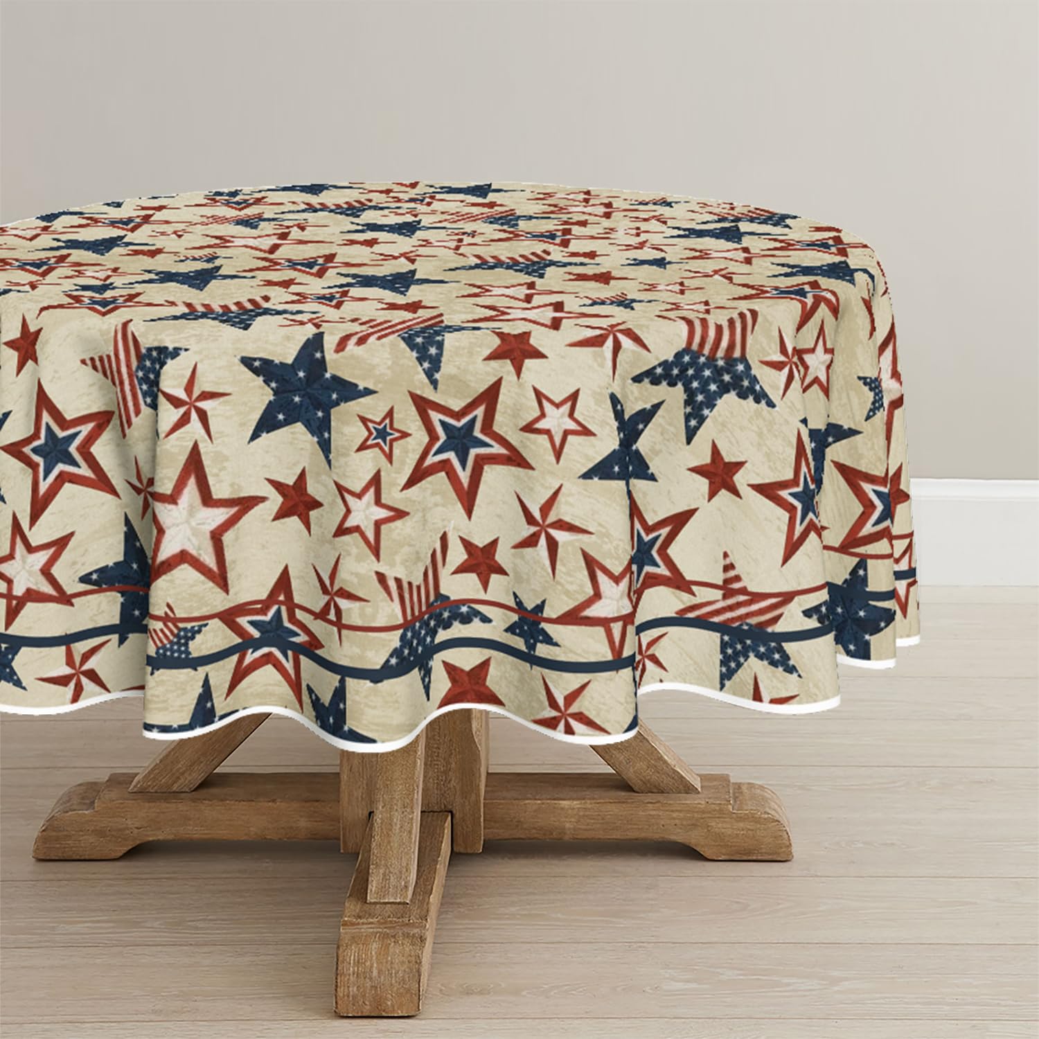 Horaldaily 4th of July Round Tablecloth 70×70 Inch Round, Patriotic Memorial Day Blue Red Star Independence Day Washable Table Cover for Party Picnic