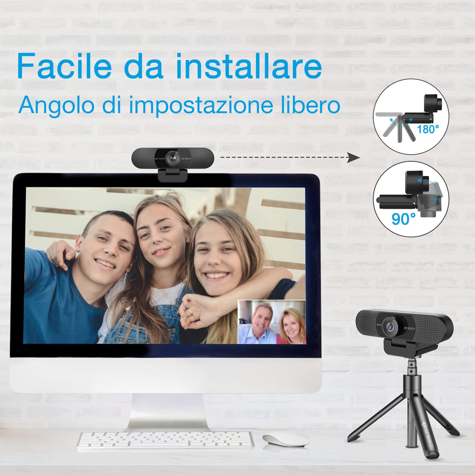 EMEET Full HD Webcam - C960 1080P Webcam con doppio microfono, 90° streaming videocamera con correzione automatica della luce, plug & play, per Linux, Win10, Mac OS X, YouTube, Skype, per conferenze