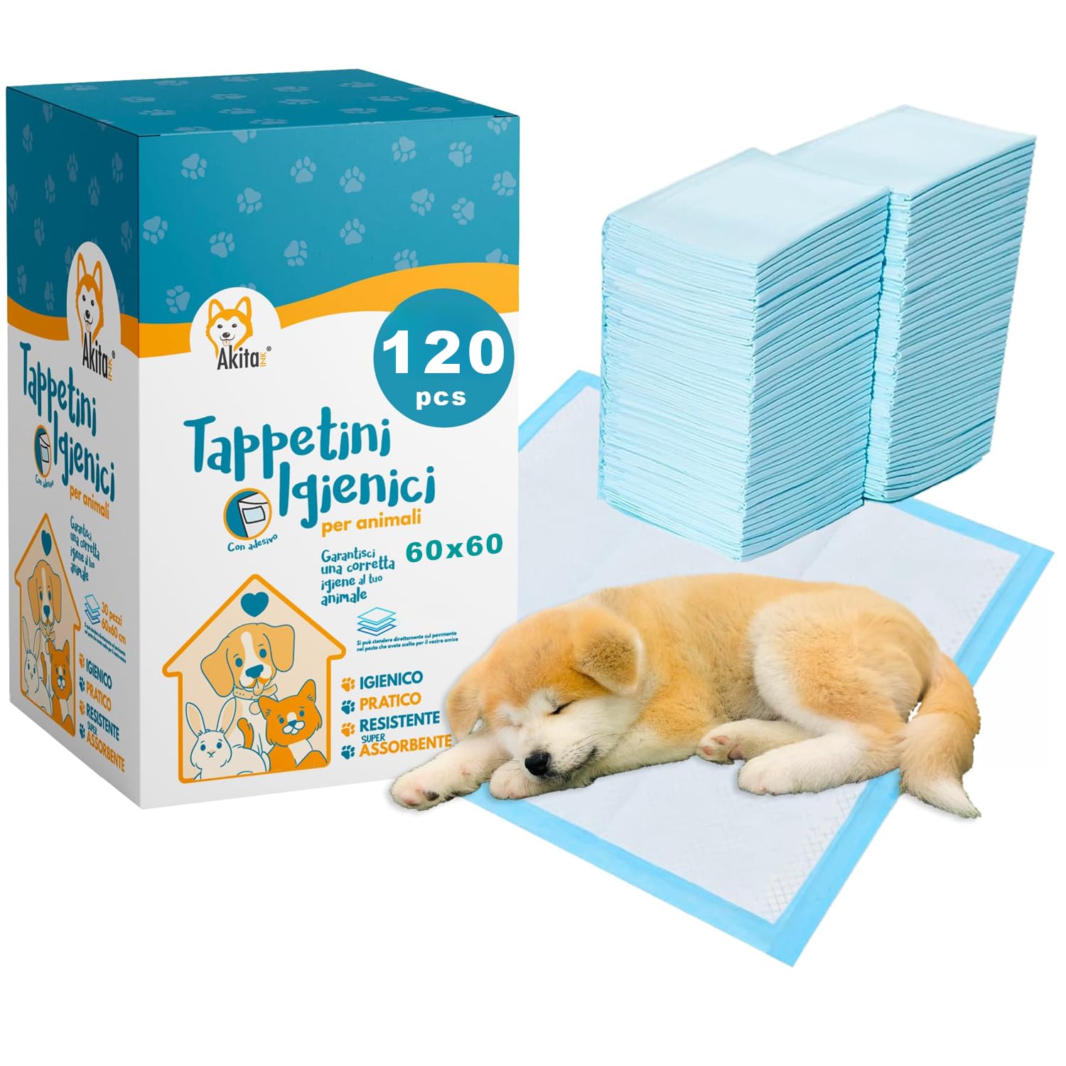 Akitaink - 120 Traverse per Animali Super Assorbenti - Dimensioni 60x60 cm - Tappetini Igienici per Cani e Gatti Multiuso (120 pz 60X60 cm)