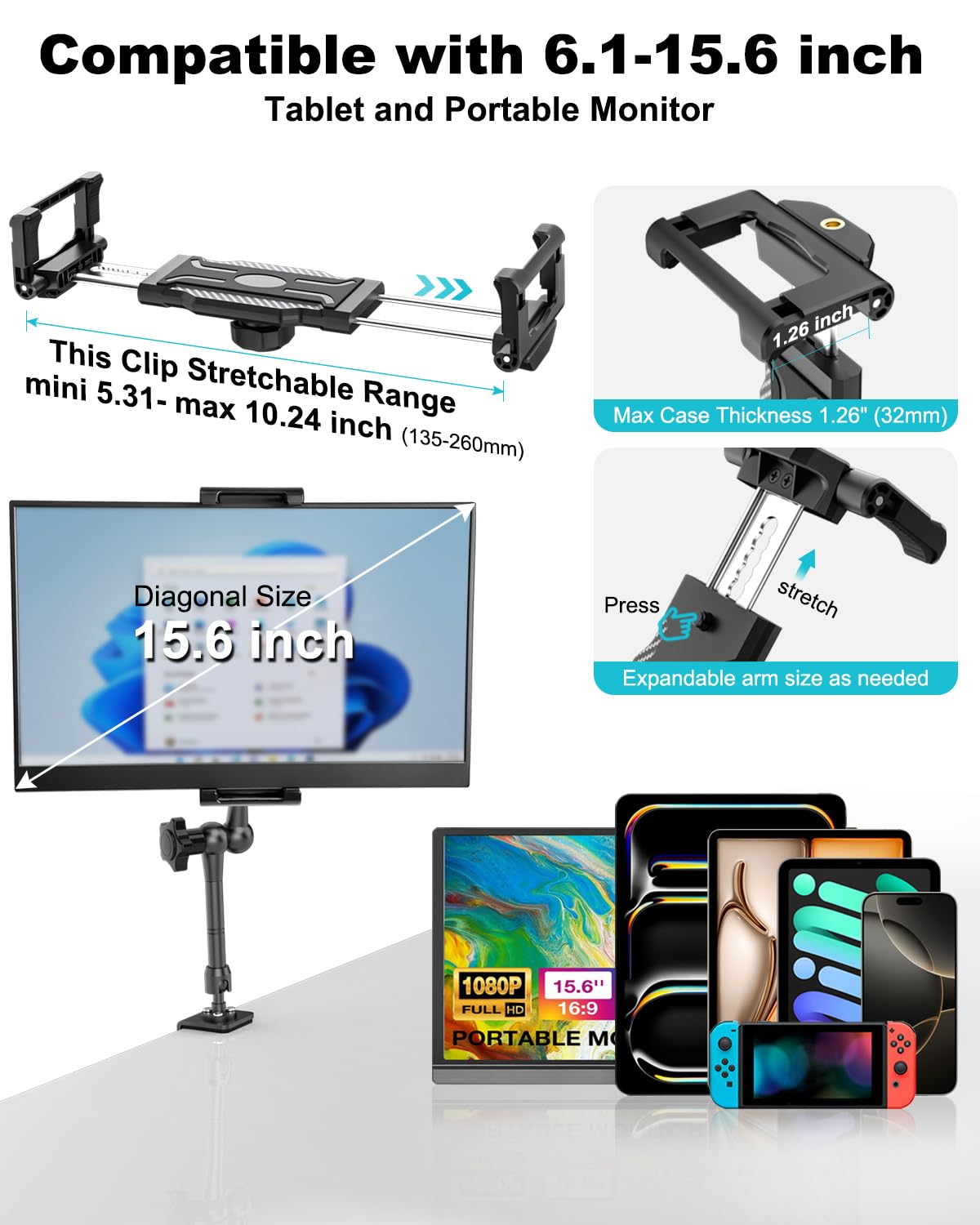 Supporto per Monitor Portatile per schermo da 15,6", Braccio Regolabile Supporto da Scrivania per Tablet, Lega di alluminio, Girevole a 360°, per Monitor Portatile 15.6", 6.1"~15.6" iPad