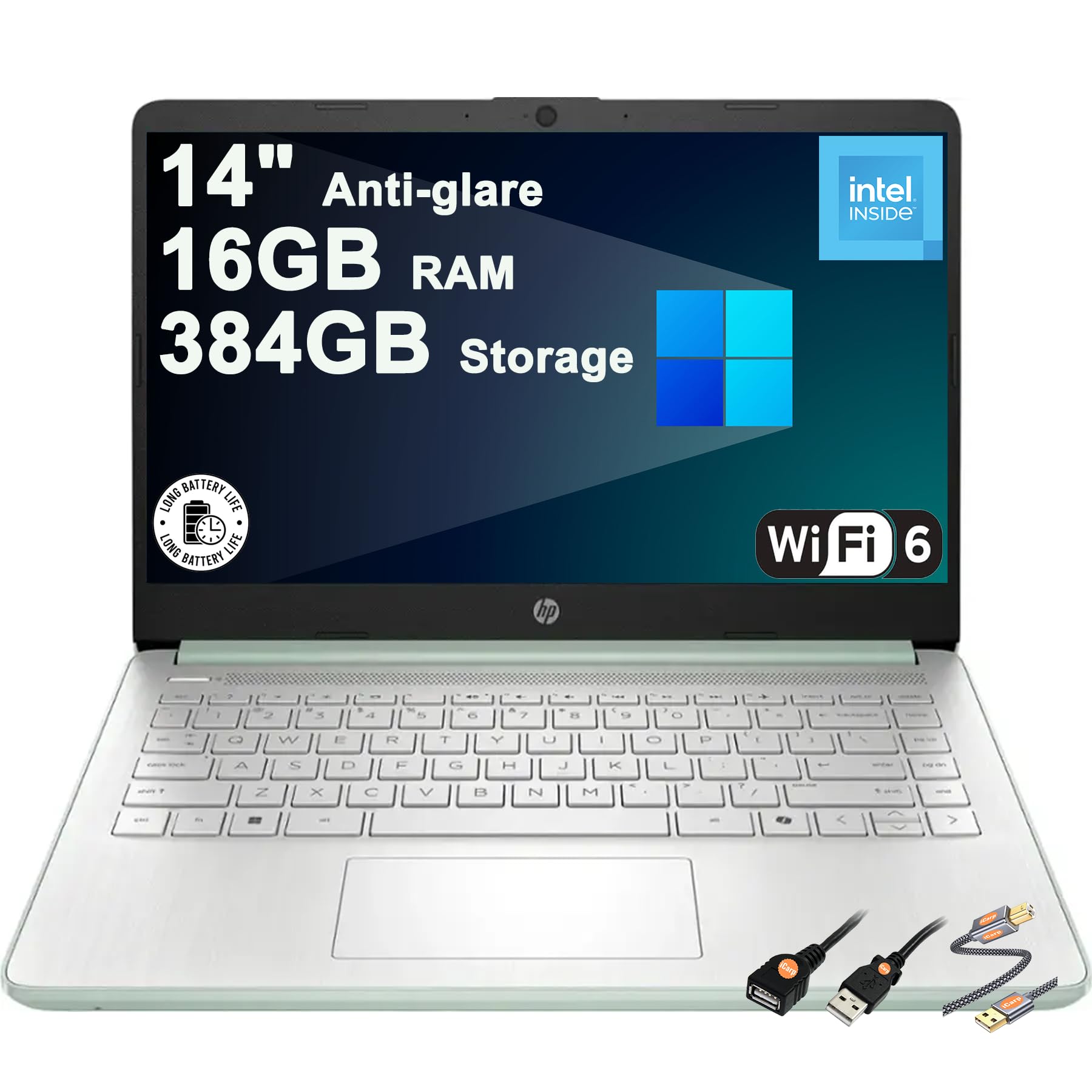 HP 14 Business & Student Portable Laptop 14" HD Anti-Glare Intel Quad-core N150 16GB RAM 256GB Storage (128GB UFS + 256GB SD Card) Type-C Wi-Fi6 Fast