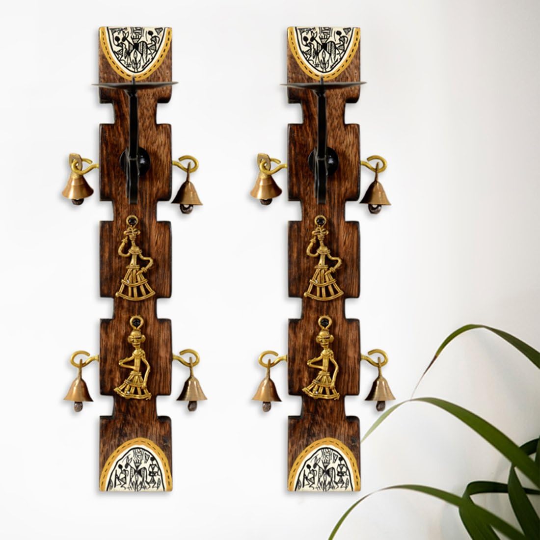 ExclusiveLane Dhokra and Warli Art Living Room Decorative Wall Candle Holder Set (8.4 cm x 15.2 cm x 30.5 cm, Brown, Set of 2) (EL-008-010), Wood