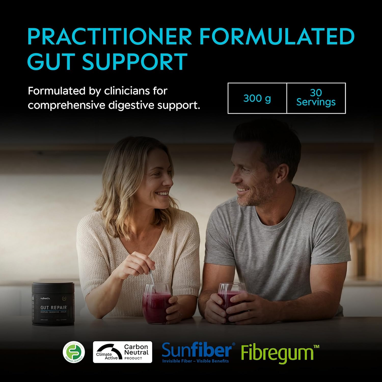 myBrainCo. Gut Repair – Gut Health & Digestion Support Powder for IBS, Bloating, Reflux & Leaky Gut – Low FODMAP Certified with Probiotics, Prebiotics, Enzymes & Glutamine – 310g