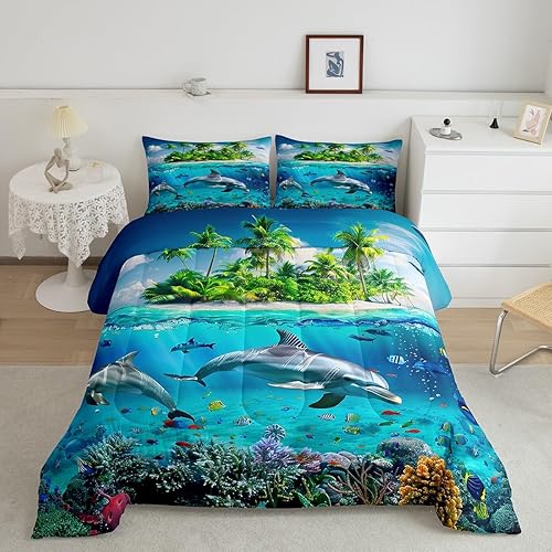 Underwater World - Juego de ropa de cama con relleno de edredón de playa hawaiana, tamaño Queen, isla mediterránea, juego de edredón tropical de