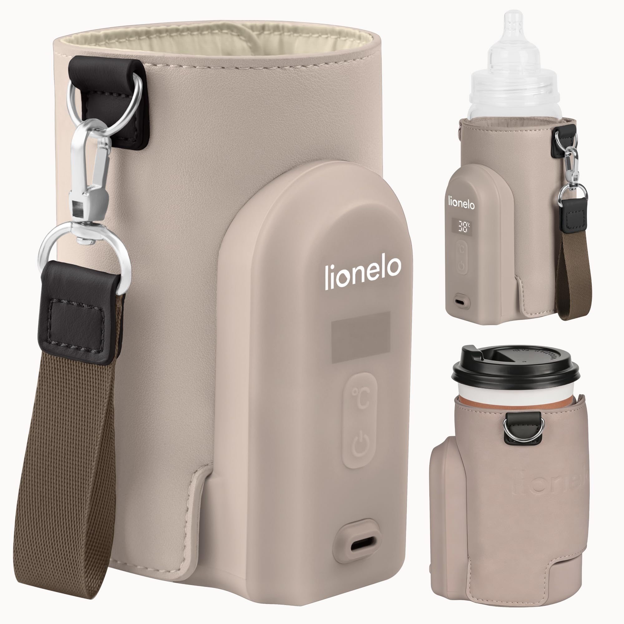 LIONELO Thermup Go Evo Calientabiberones Portátil Para Bebé, Mantiene los Líquidos Calientes, 5 Temperaturas de Funcionamiento de 38 a 50 oC, hasta 9 horas de Funcionamiento Pantalla LCD (Beige topo) | Mantiene calientes los líquidos, 5 temperaturas de 38