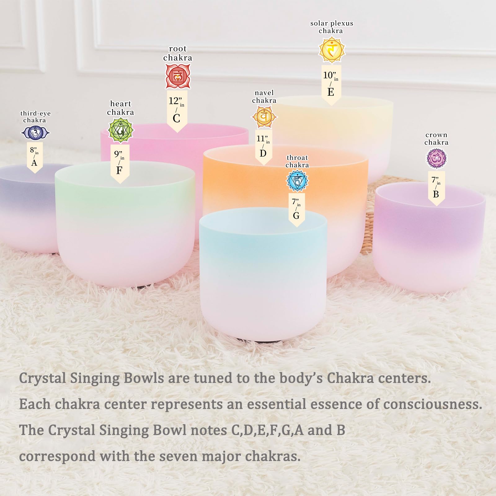 Hye-eun Kristall - Juego de cuencos de sonido de 7 piezas, 432 Hz, 10,9-30,5 cm, con arco iris bicolor – Cuenco de sonido de cuarzo, bolsa de transporte y palo de piel de oveja para yoga, meditación y
