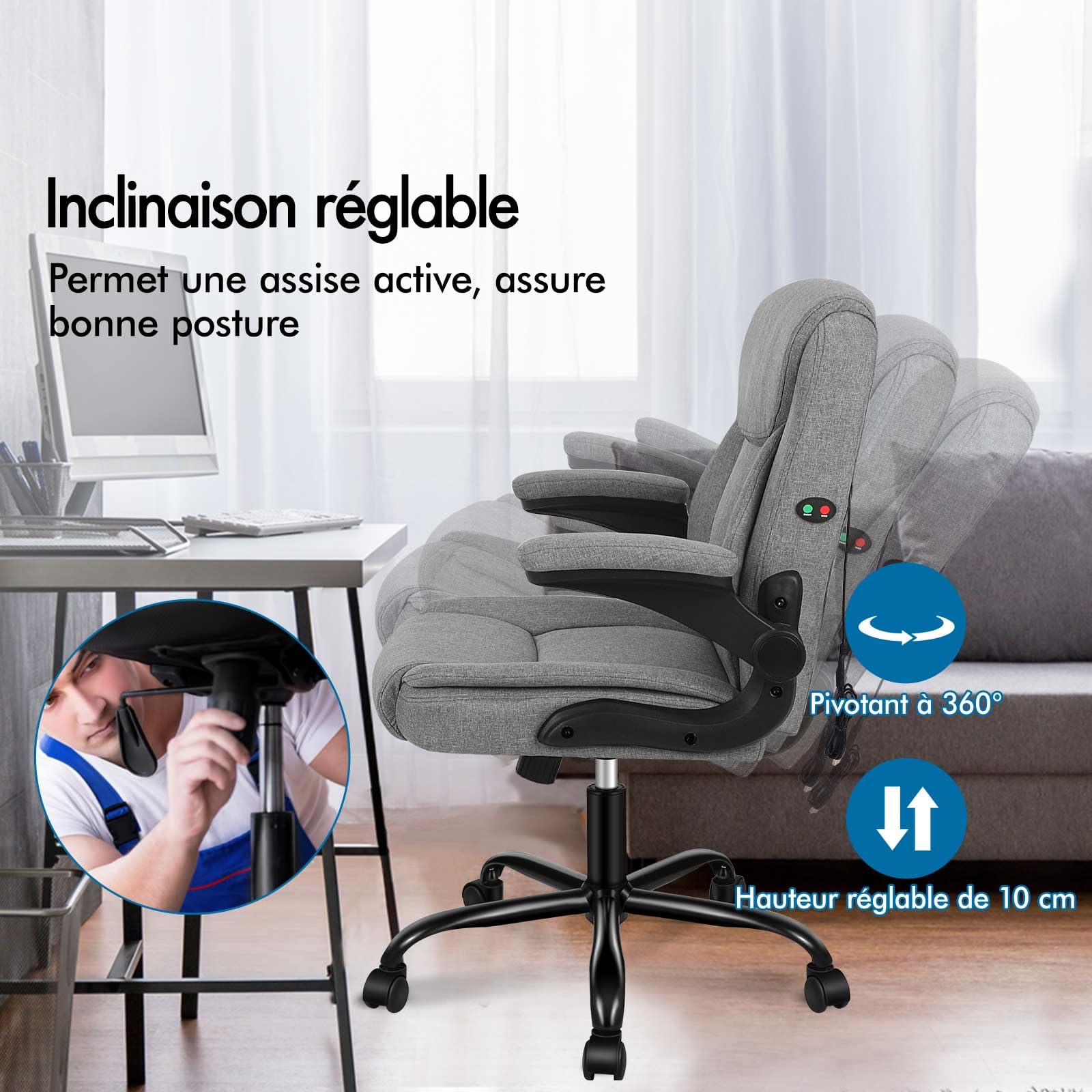 ALFORDSON Chaise de Bureau, Ergonomique, avec accoudoirs rabattables, en Lin, avec Ascenseur à gaz, Chaise de Jeu, pour Ordinateur, Table de Travail, Charge maximale 150 kg, Tissu Noir