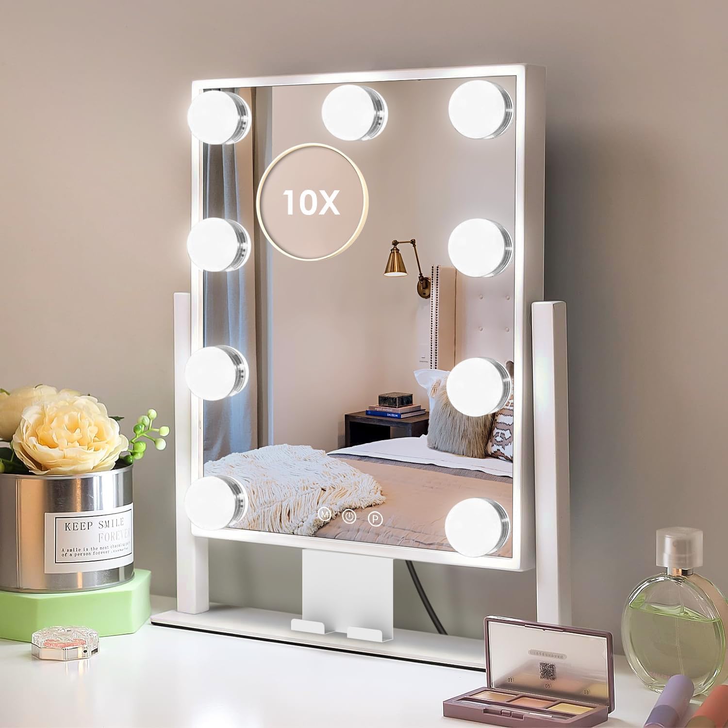 Kottova Makeup Mirror with Lights, 14" x 12" Vanity Mirror, Lighted Makeup Mirror with 3 Color Dimmable Lighting & Touch Sensor, Detachable 10X Spot Mirror, White