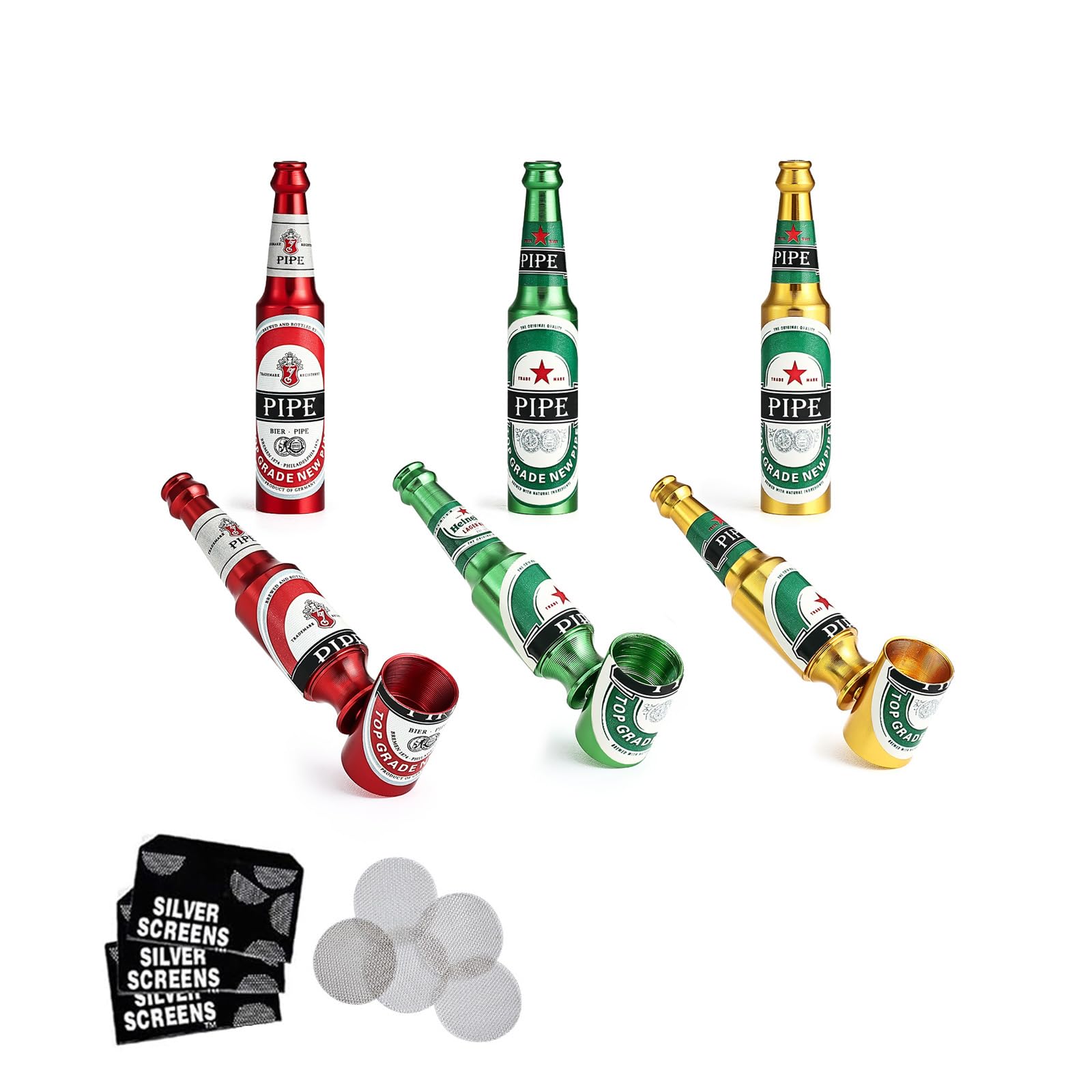 Joyoldelf 3pcs Metal Tobacco Pipe - Beer Bottle Smoking Pipe with Multi-Color (Red, Green, Gold), Creative Portable Pipe with Random Pattern, Pipe Starter Kit for Beginners with 3 Pack of Metal Screen