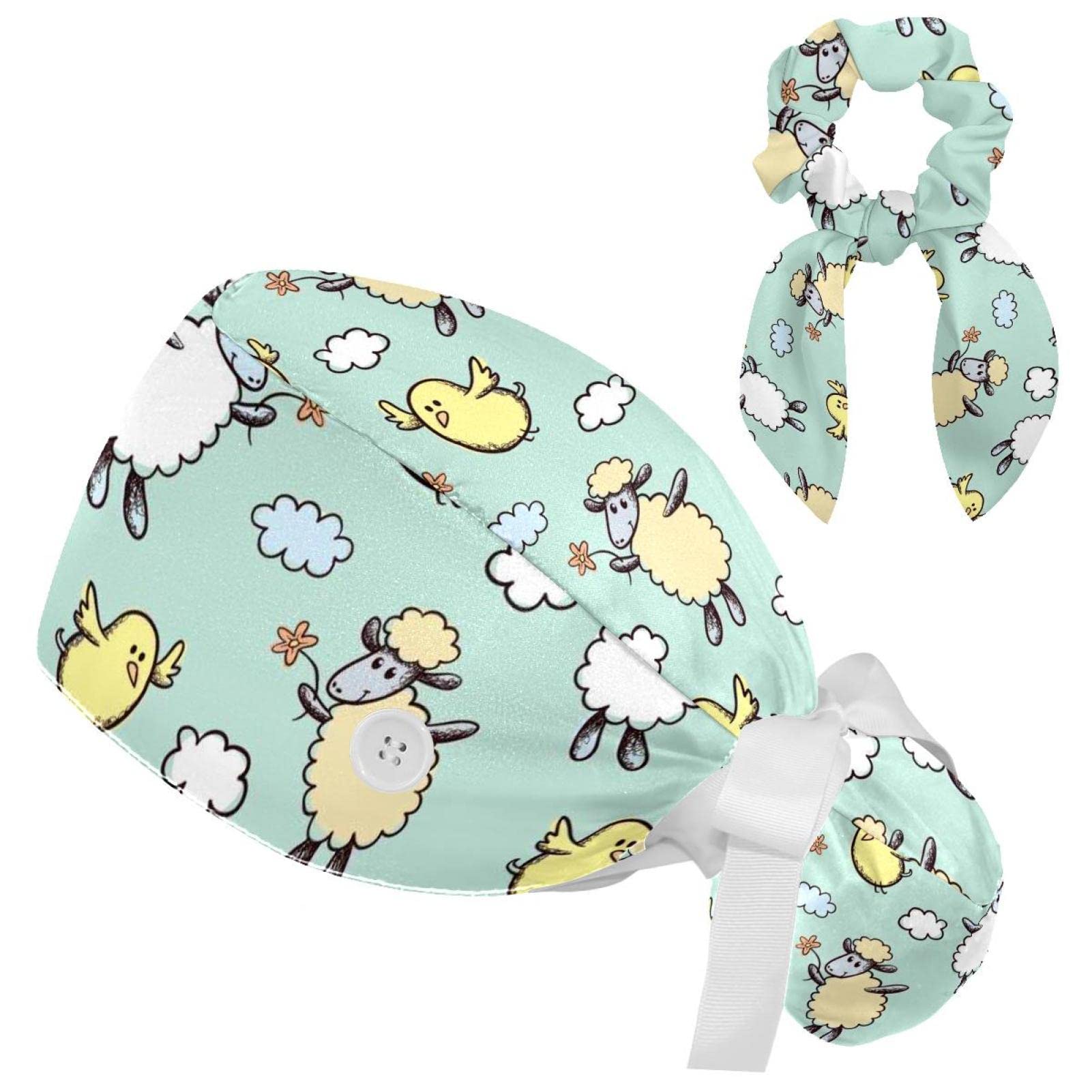 Unisex Colour2 Working Cap + Hair Tie Bouffant Caps Tie Back Hat With Sweatband Scrub Hat Sheeps And Birds Turban Cap