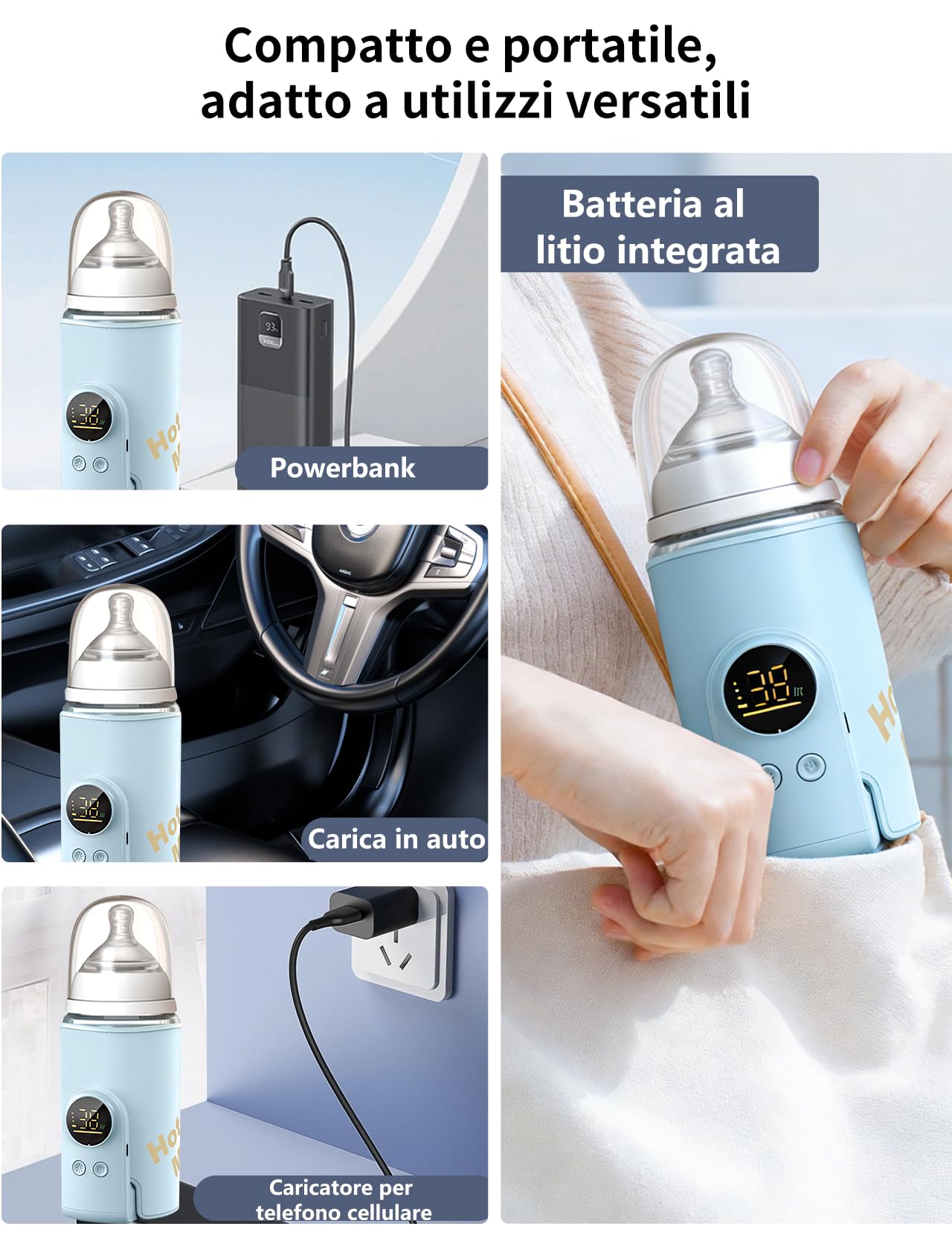 Scaldabiberon per bambini, con batteria da 8000 mAh, 6 livelli di temperatura da 38 a 50 °C, indicatore LED e luce notturna, portatile, funzione di ricarica USB, per viaggi e casa (blu)
