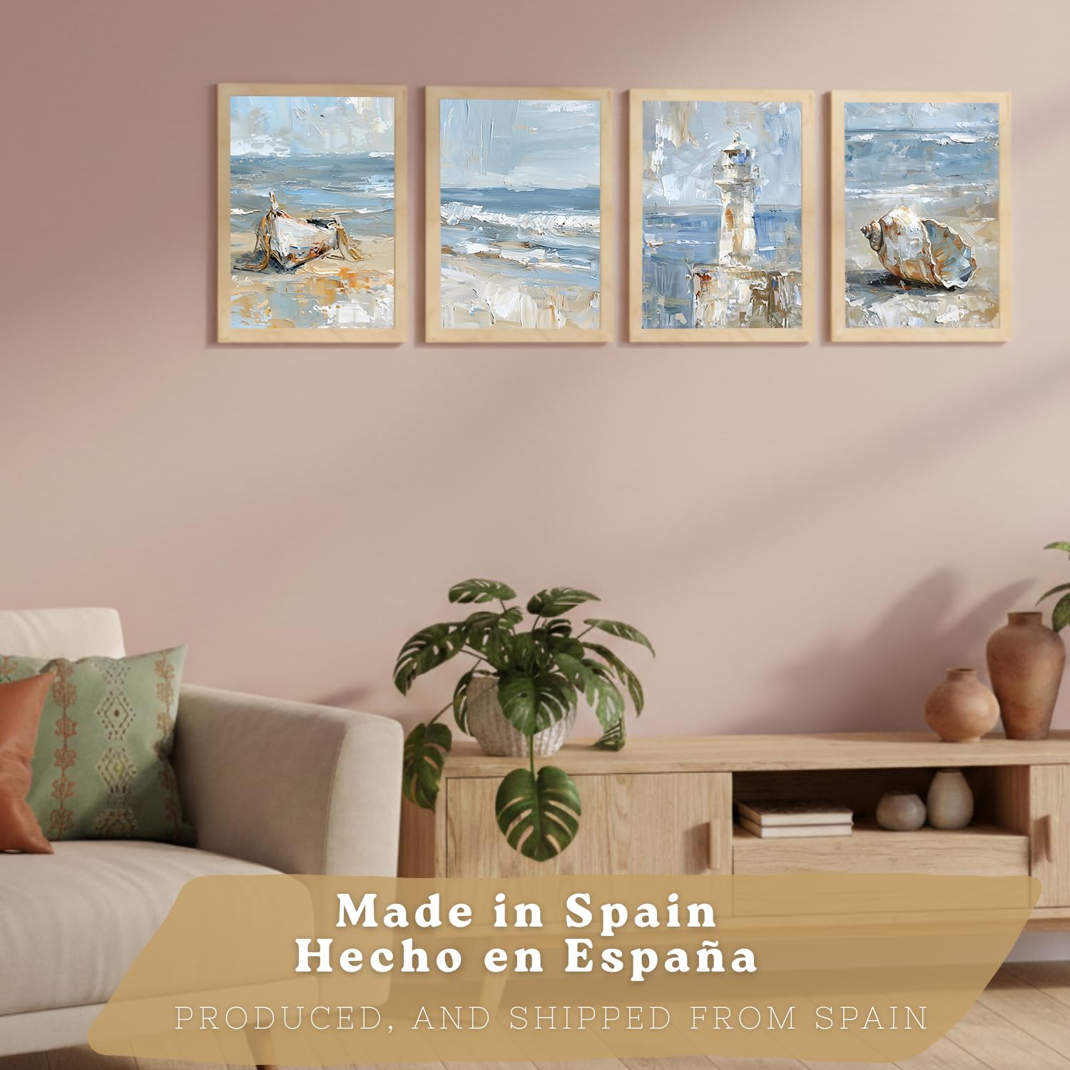 Nacnic Juego De 4 Cuadros De Playa, Mar, Costa Azul, Faro, Barca. Decoracion De Pared De Arte. Dia De Mar. Laminas Decorativas Pared Baño, Cocina,Salón Y Dormitorio. Tamaño A3 Marco Madera Clara