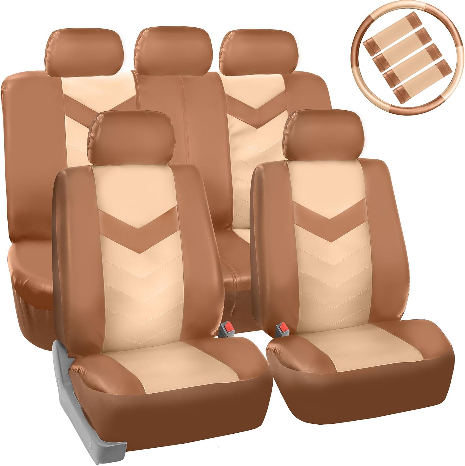 FH Group PU021BEIGETAN-COMBO Universal Fit Premium Synthetic Leather Beige Tan Automotive Seat Covers fits most Cars, SUVs, and Trucks (Airbag Compatible with Accessories Combo Set)