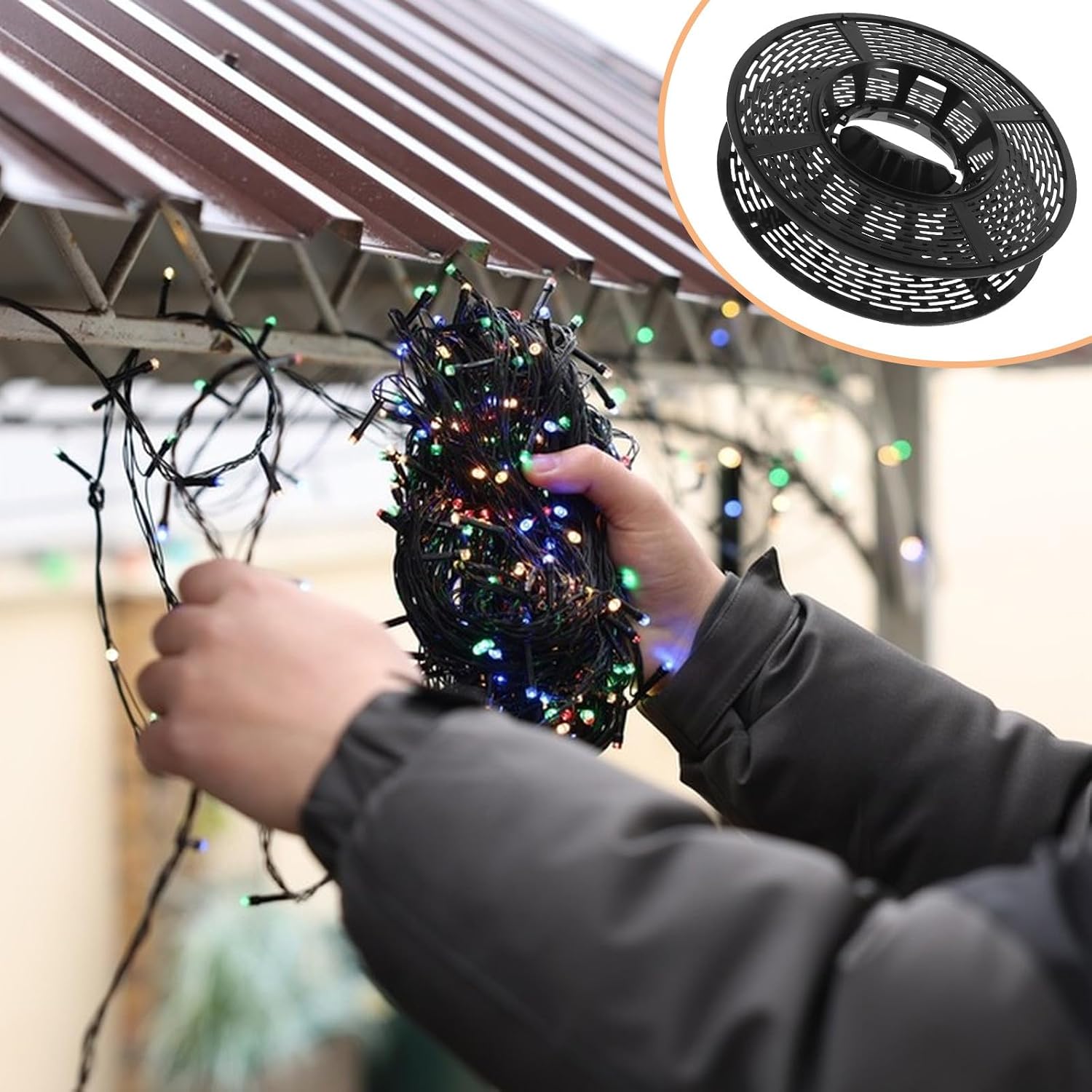 Christmas Light Storage Holder: Cable Wire Spool - 10" Holiday Wire Hose Storage For Extensions Cords, Garland, Beads - Xmas Light Wrap Organizer Black