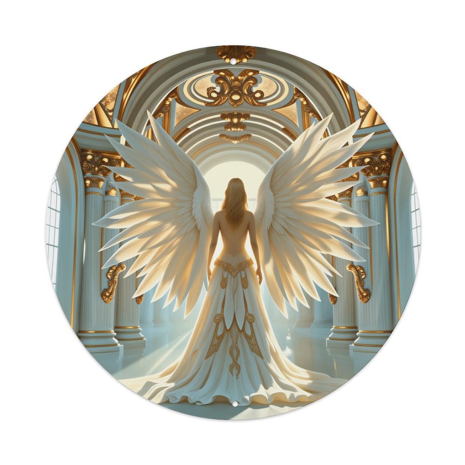 Angel Wings Golden Hall Light Dress Round Tin Sign Vintage Metal Poster Retro Bar, Home, Man Cave, Kitchen, Laundry Room Wall Art Decor Gift 8x8Inch