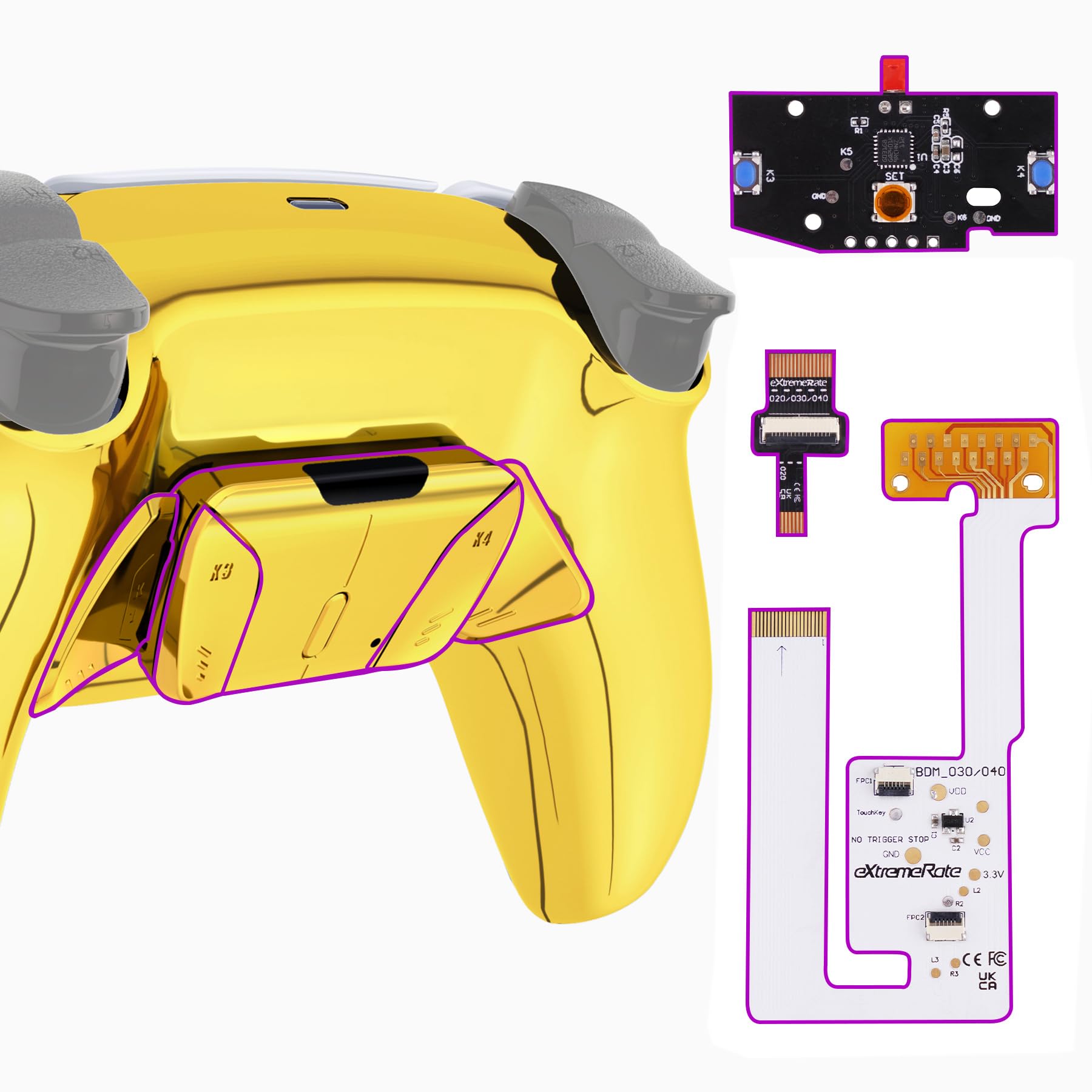 eXtremeRateBack Paddles Programable RISE4 V3 Remap Kit for PS5 Controller BDM-030 040 050, Upgrade Board Chrome Gold Redesigned Bottom Shell 4 Back Buttons Set for PS5 Controller - NO Controller