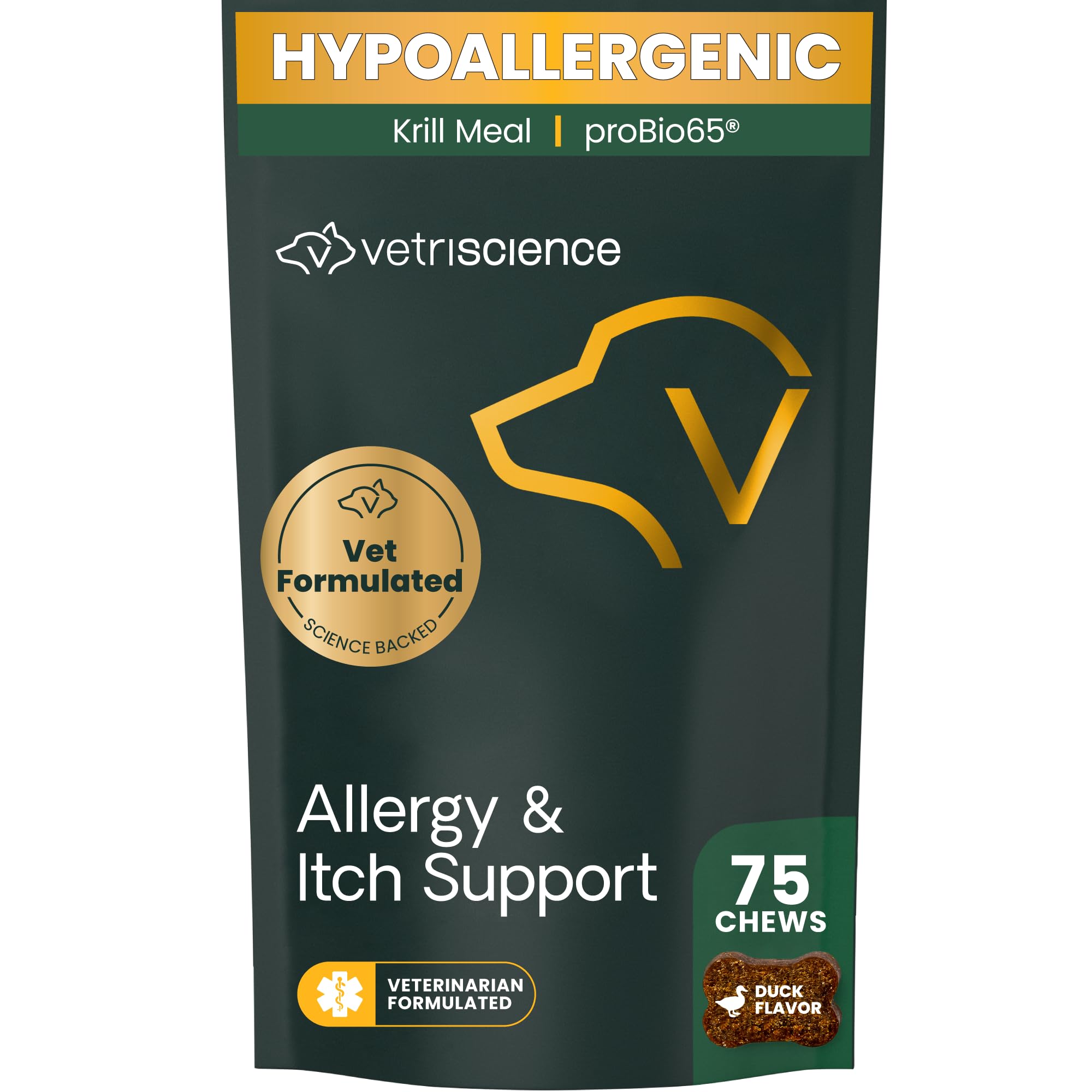 VetriScience Allergy & Itch Support Chews, Allergy Plus Skin Supplement for Dogs, Allergy Chews for Itching, Scratching, and Licking, Support Skin and Immune Health, Duck, 75 Count