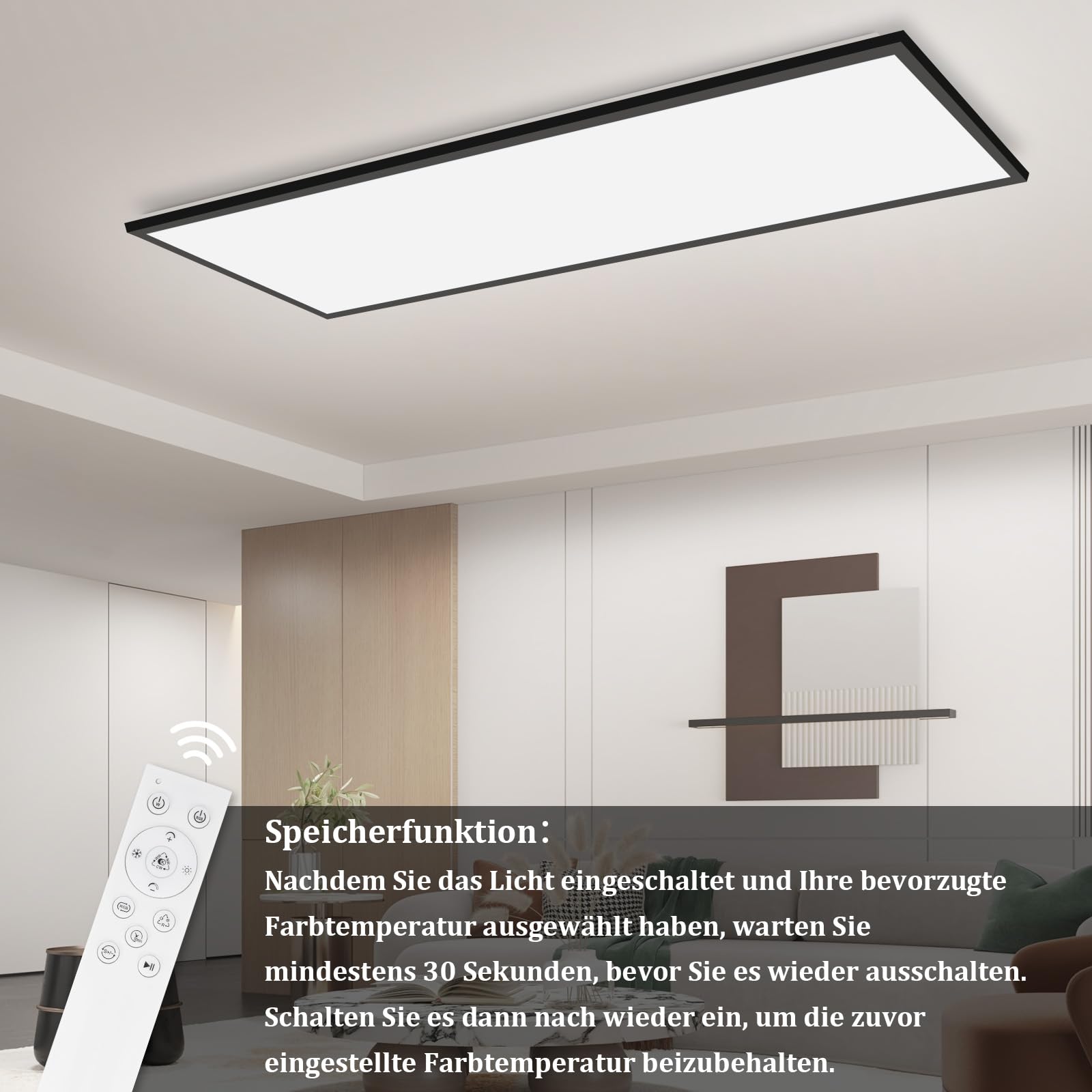 Deckenlampe LED Panel 120x30cm - Deckenleuchte Dimmbar 36W | Farbwechsel Flach Bürolampe Stufenloses Dimmen 10 100 Deckenpanel Küchenlampe mit Fernbedienung RGB Vier Modi Wohnzimmer Büro