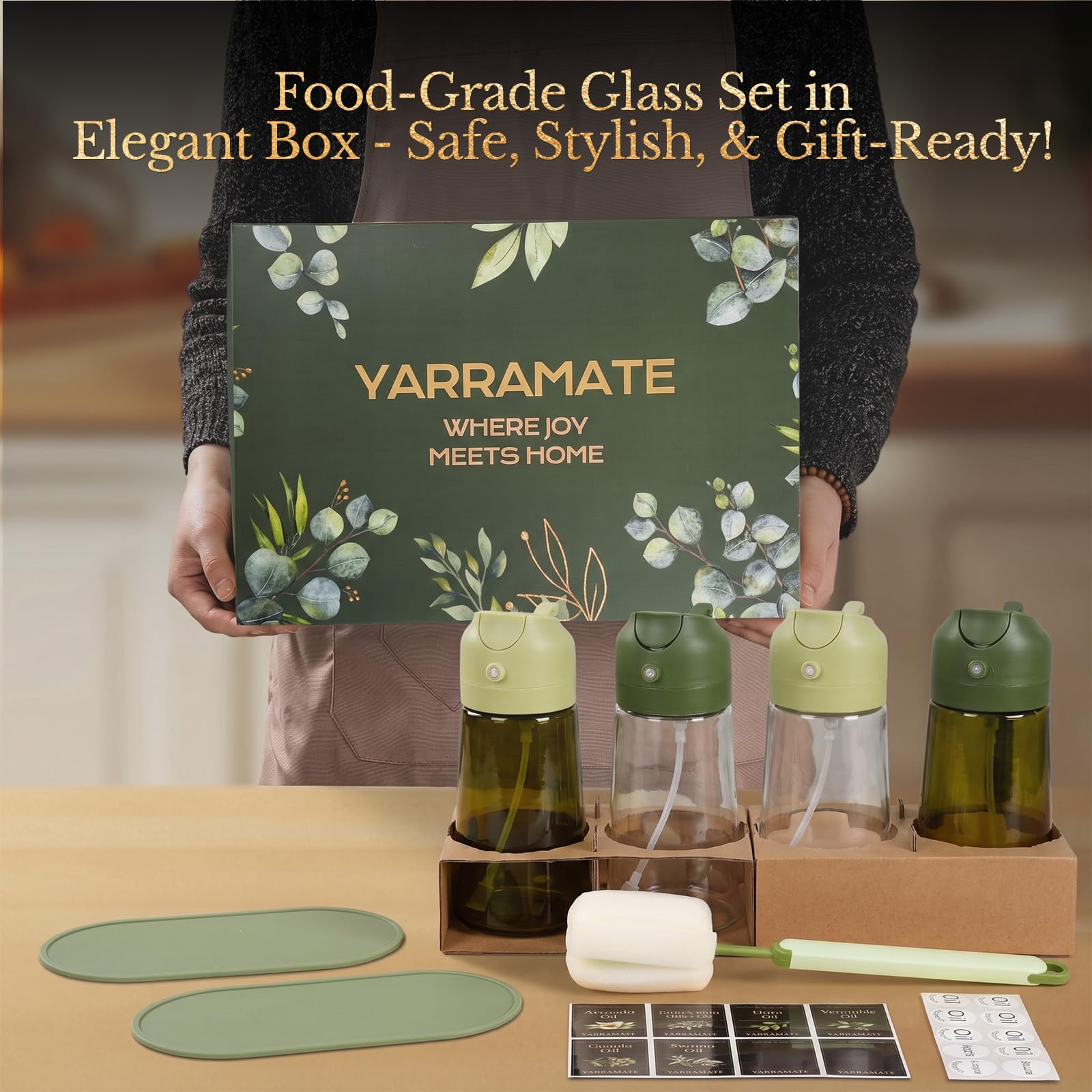 YARRAMATE 4er-Pack Olivenölzerstäuber zum Kochen, 16 oz Glas-Öldosierer-Set mit UV-geschütztem Dunkelglas, 2-in-1-Ölsprüher für Heißluftfritteuse, ästhetische Küchenhelfer & Geschenkset