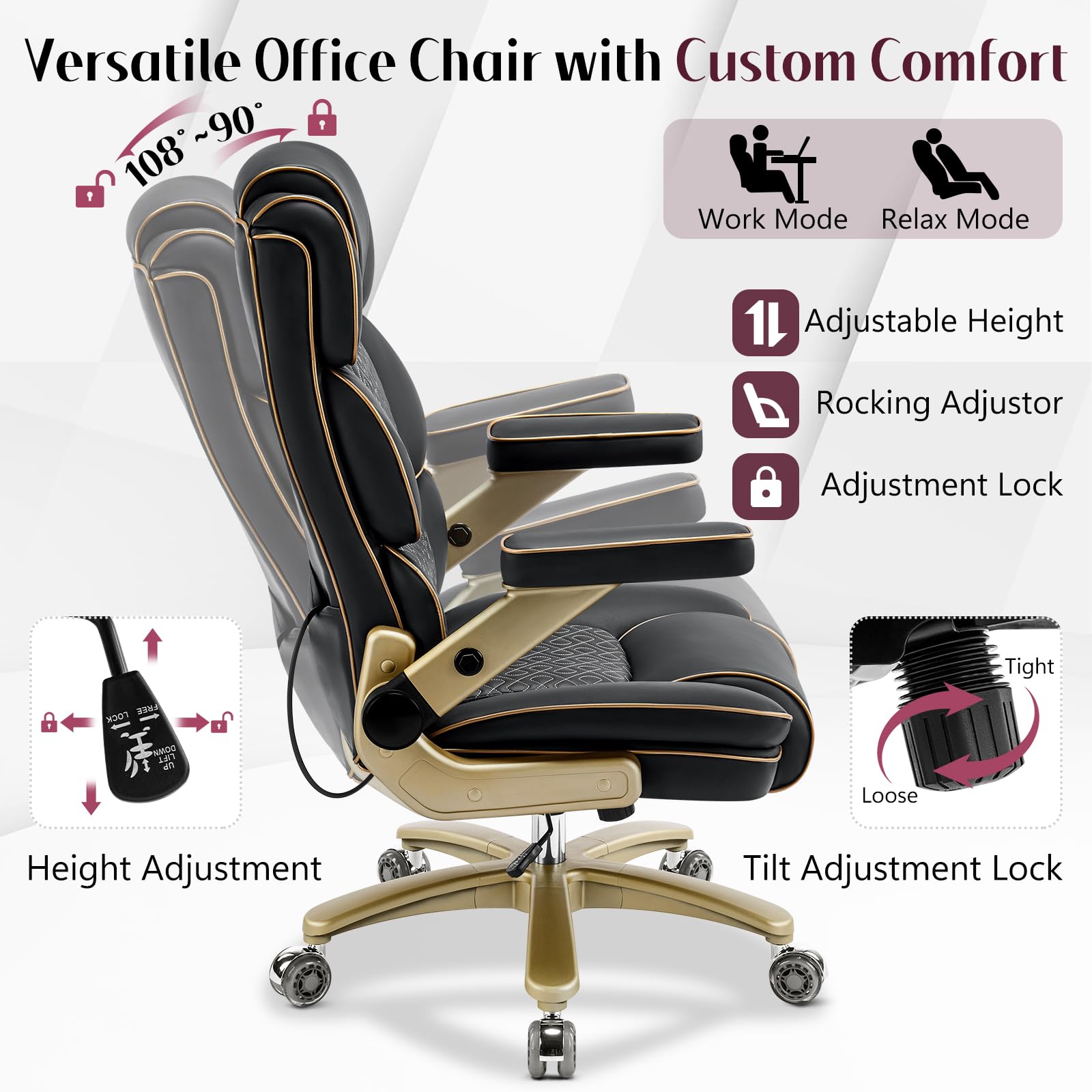 Big and Tall Office Chair 500lbs Heavy Duty Leather Chair with 5D Armrests Comfortable Seat High Back Executive — view 6