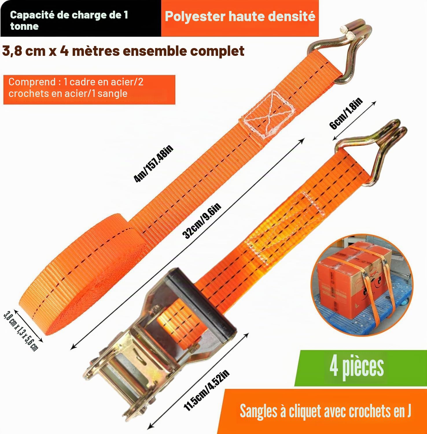 4 Jeux de Sangles à Cliquet 2000 kg - 4M×38MM, Certifiées TÜV GS, DIN en 12195-2, Sangle d’Arrimage, Sangles de Serrage avec Tendeur à Cliquet pour Remorque, Moto, Voiture