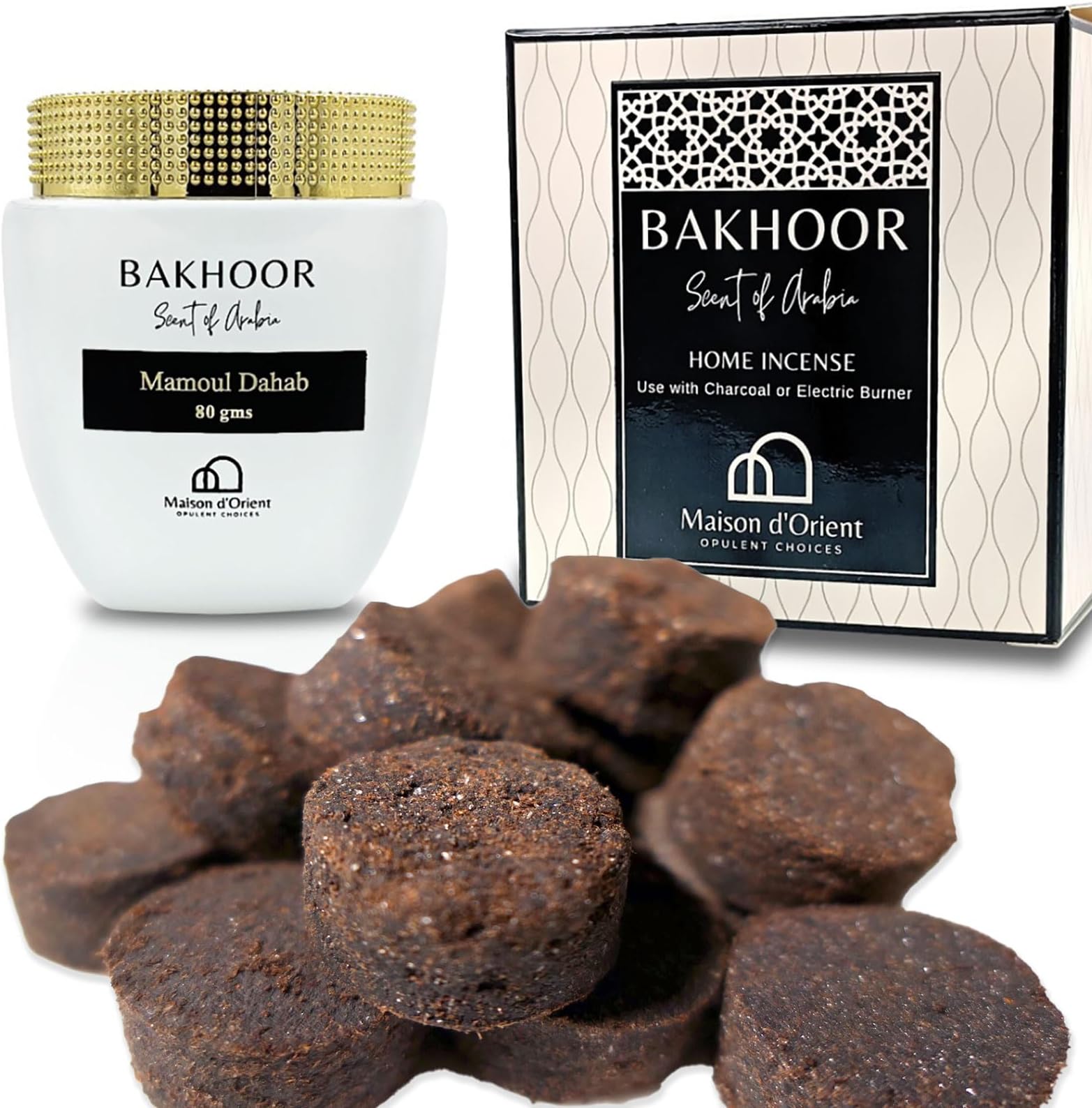 Mamoul Rose Oud Fume 80g Rose Incense (Pressed Resin Disks) | Use with Quick Light Charcoal or Electric Bukhoor Burner (Incense Resin Burner) | Compatible with Bakhoor Oud Hair Brush | Eid Gift Box