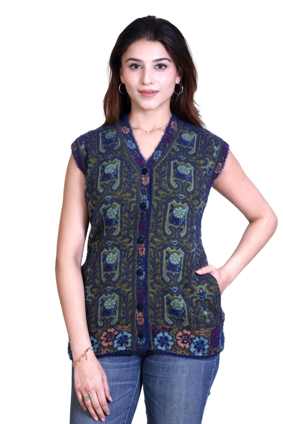 aarbee Floral Knit Sleeveless Woollen Cardigan for Women with Pockets-picture-19