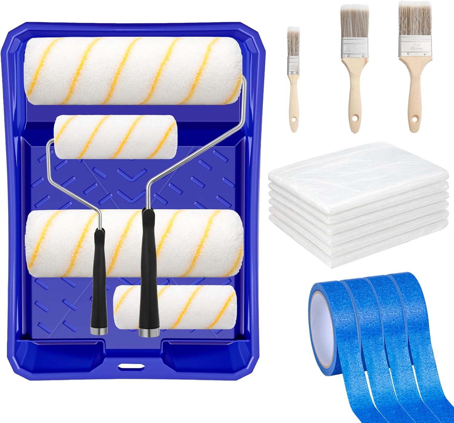 20 Pieces Paint Roller Set, 9"4" Roller, Brush, Tray, Blue Tape and Plastic Drop Cloths Blue Paint Supplies for Multi-Purpose, Wall Furniture Door Painting, DIY Crafts Arts