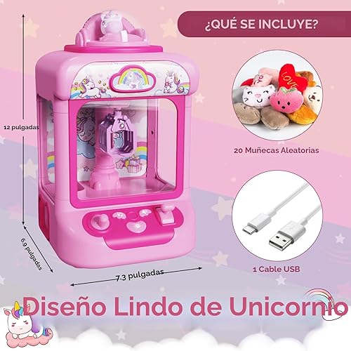 Miniatura 7 de Máquina de garras para niños, mini máquina expendedora de juguetes de unicornio para niñas, dispensador de premios con sonido y 20 mini juguetes de