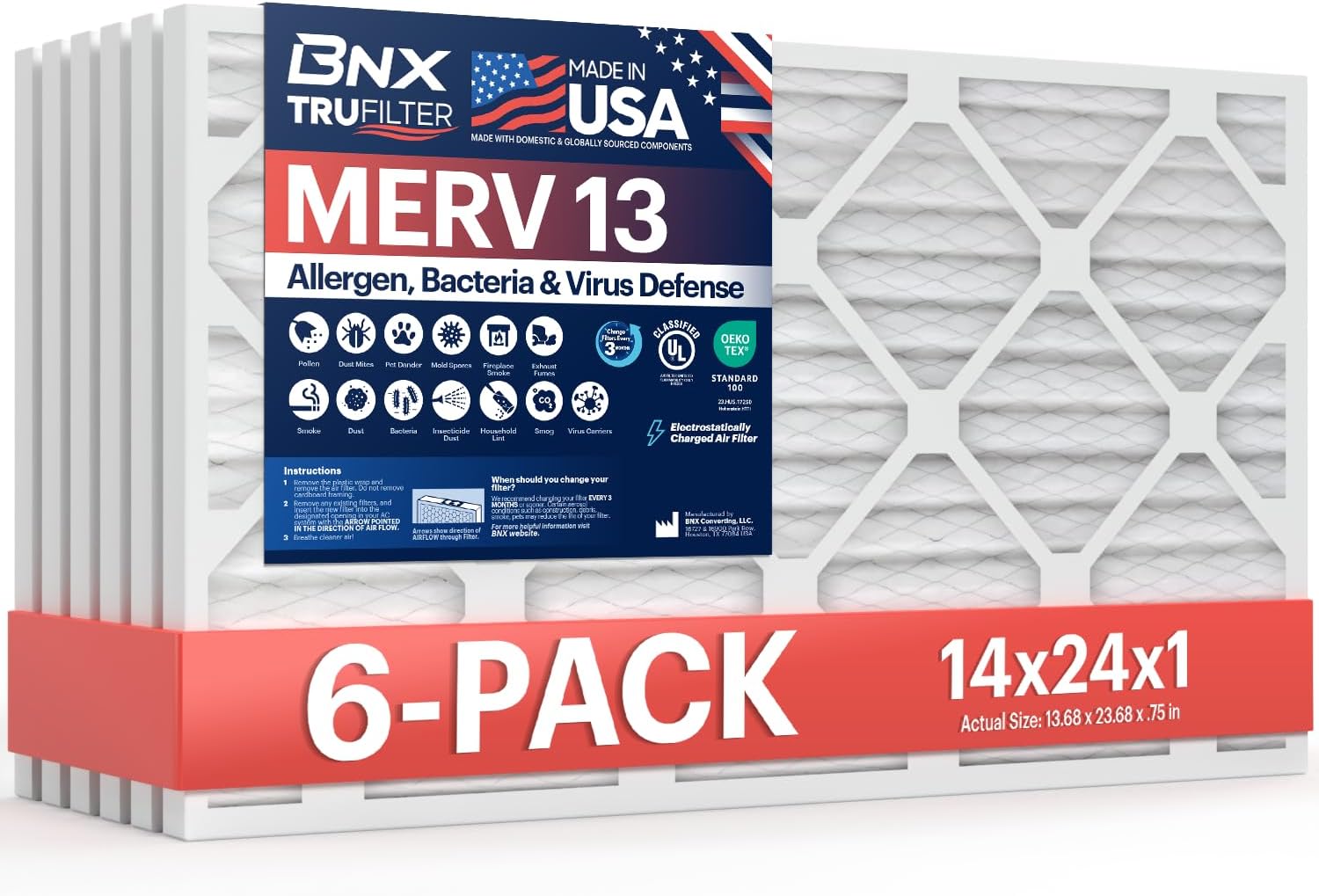 BNX TruFilter 14x24x1 Air Filter MERV 13 (6-Pack) - MADE IN USA - Electrostatic Pleated Air Conditioner HVAC AC Furnace Filters for Allergies, Pollen, Mold, Bacteria, Smoke, Allergen, MPR 1900 FPR 10 MERV 13 14x24x1 6-Pack