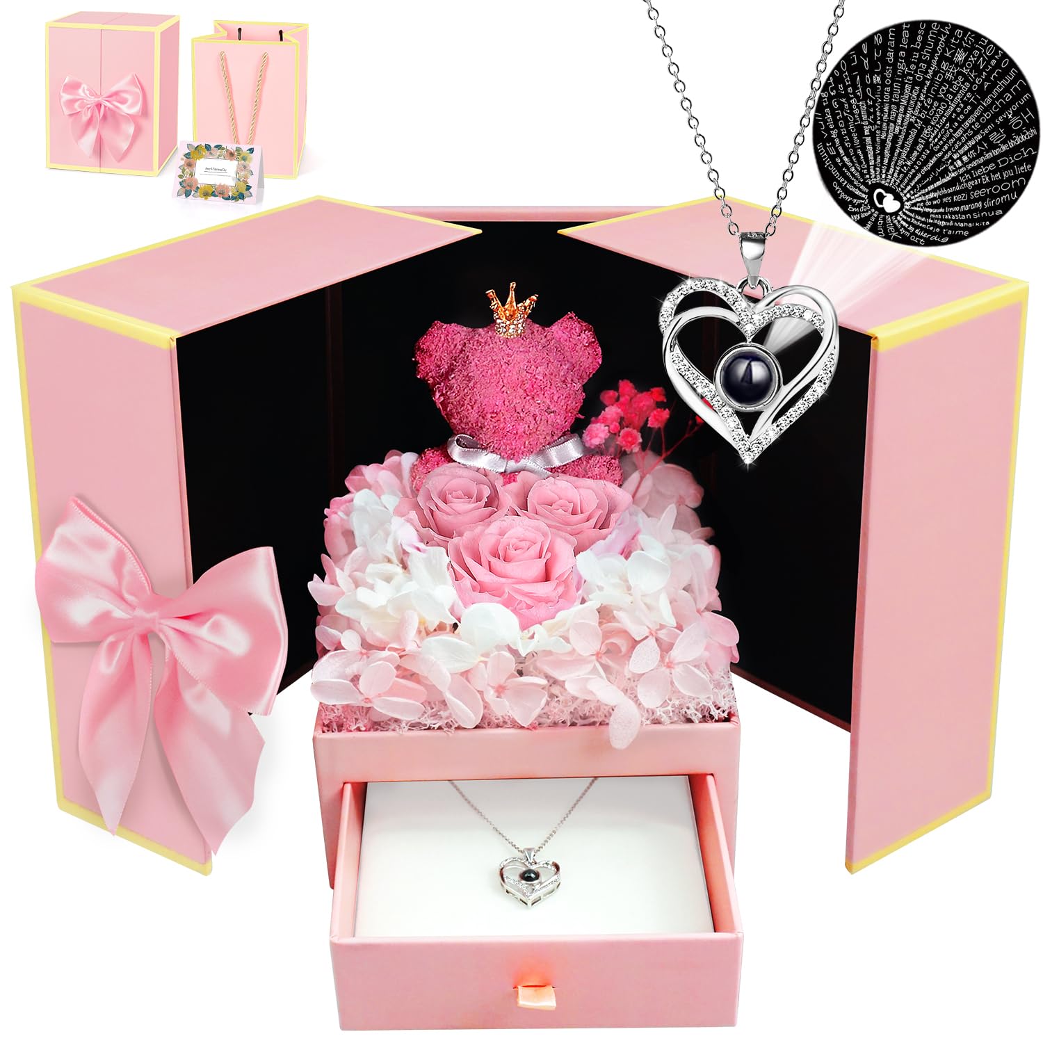digi marker Birthday Gifts for Her, Preserved Rose Moss Bear with 100 I Love You Necklace Gifts for Women Mom Girlfriend Wife Grandma Nana on Mothers Day Anniversary