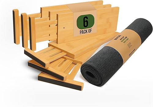 Divisor de cajones de bambú ajustable para ropa, organizadores de cajones con bordes de goma y forro, paquete de 6 soluciones de almacenamiento
