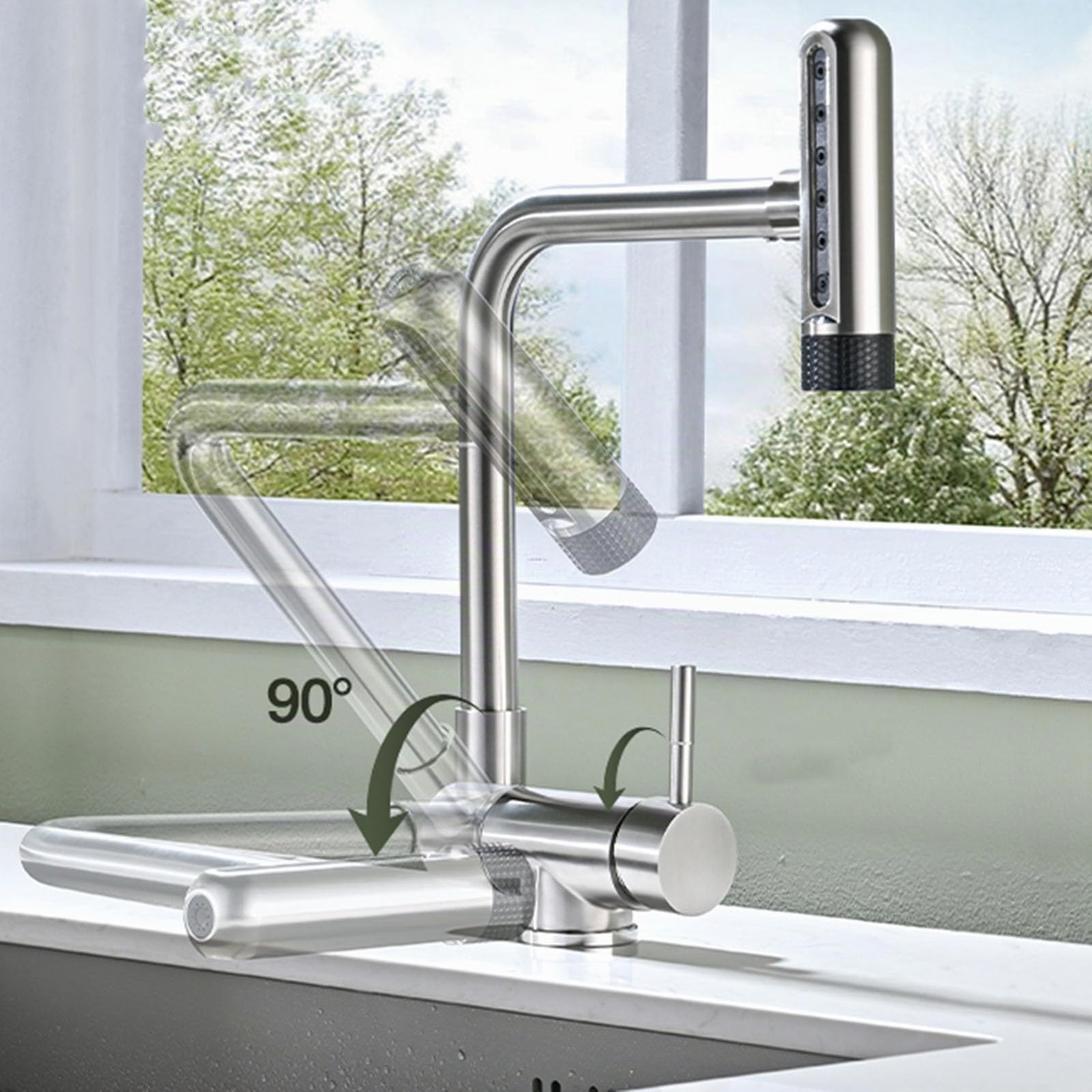 Mitigeur Cuisine sous Fenetre Robinet Pliable Cuisine Rotatif Acier Inoxydable 6 Mode Manche Unique-Or Brossé
