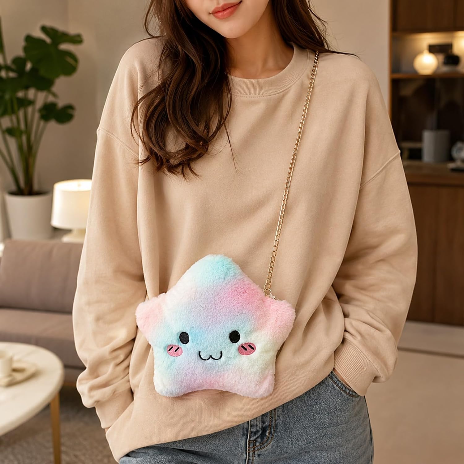 LUOZZY Plush Crossbody Bag Star Shaped Furry Purse for Girls Fluffy Handbag Small Purse with Chain Soft Shoulder Bag for Girls Women
