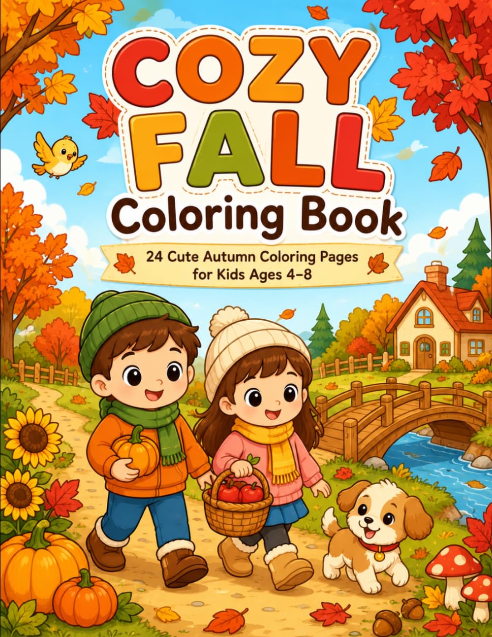 Cozy Fall Coloring Book: 24 Cute Autumn Coloring Pages for Kids Ages 4–8 | Easy Kawaii Fall Adventures with Pumpkins, Leaves, Animals & Cozy Scenes