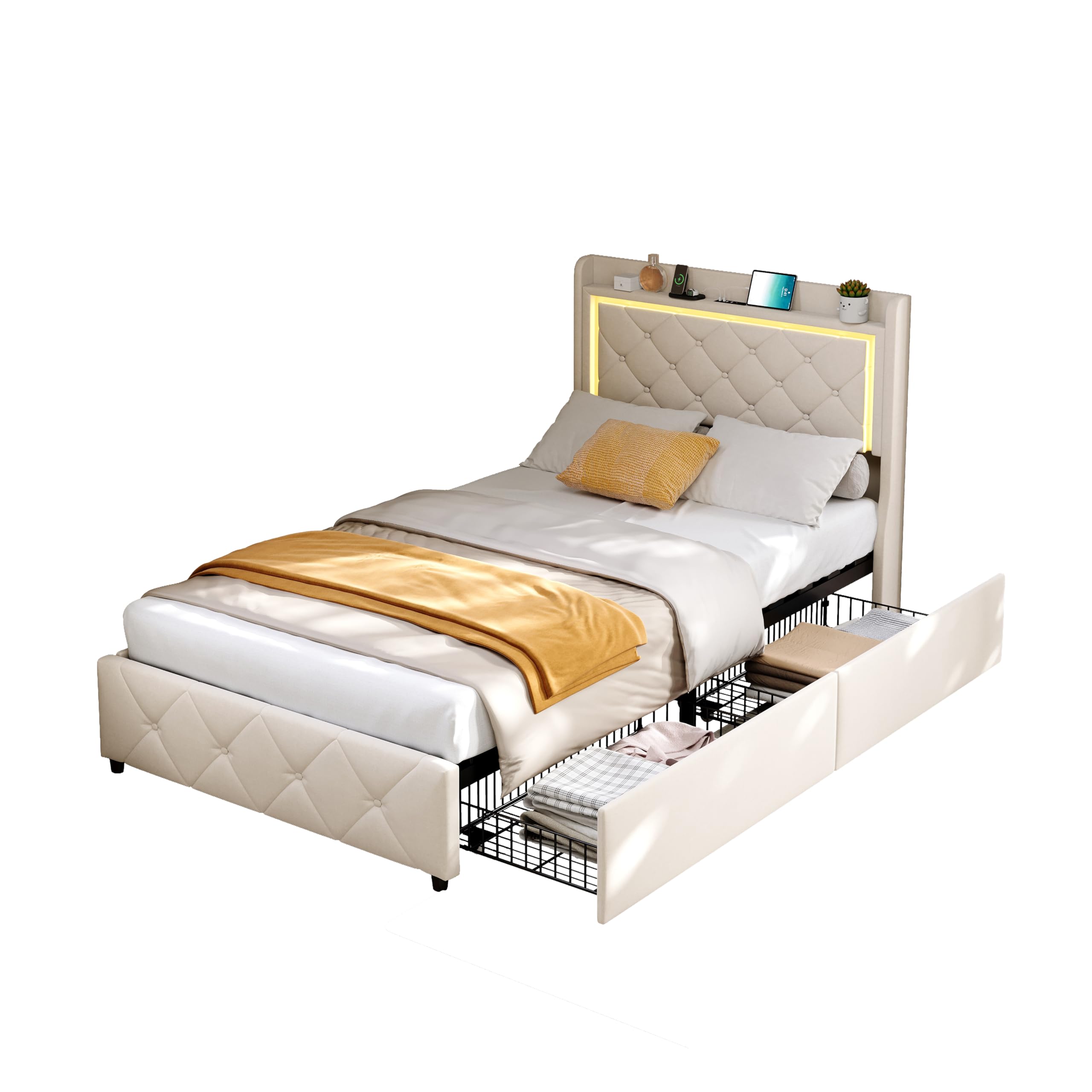Letto imbottito 90 x 200 cm, letto imbottito con 2 cassetti,Letto LED con funzione di ricarica USB, schienale con spazio di archiviazione letto singolo con rete a doghe, letti per adolescenti (beige