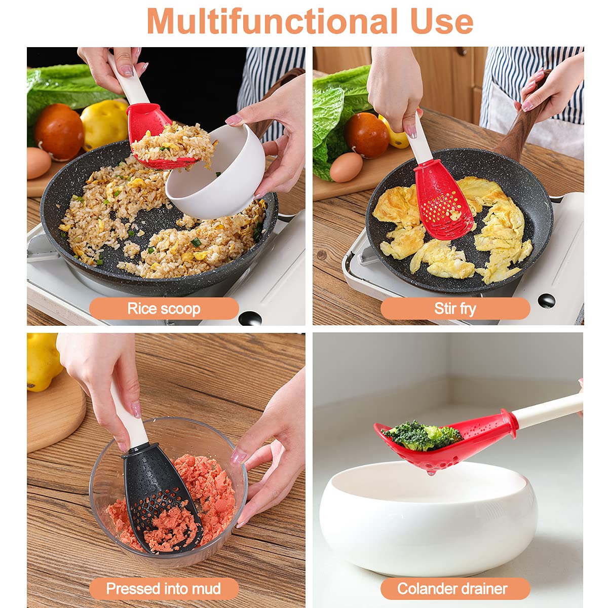 Lot De 2 Cuillères De Cuisine Multifonctionnelles En Silicone - Égouttoir, Presse-Purée, Batteur Et Plus