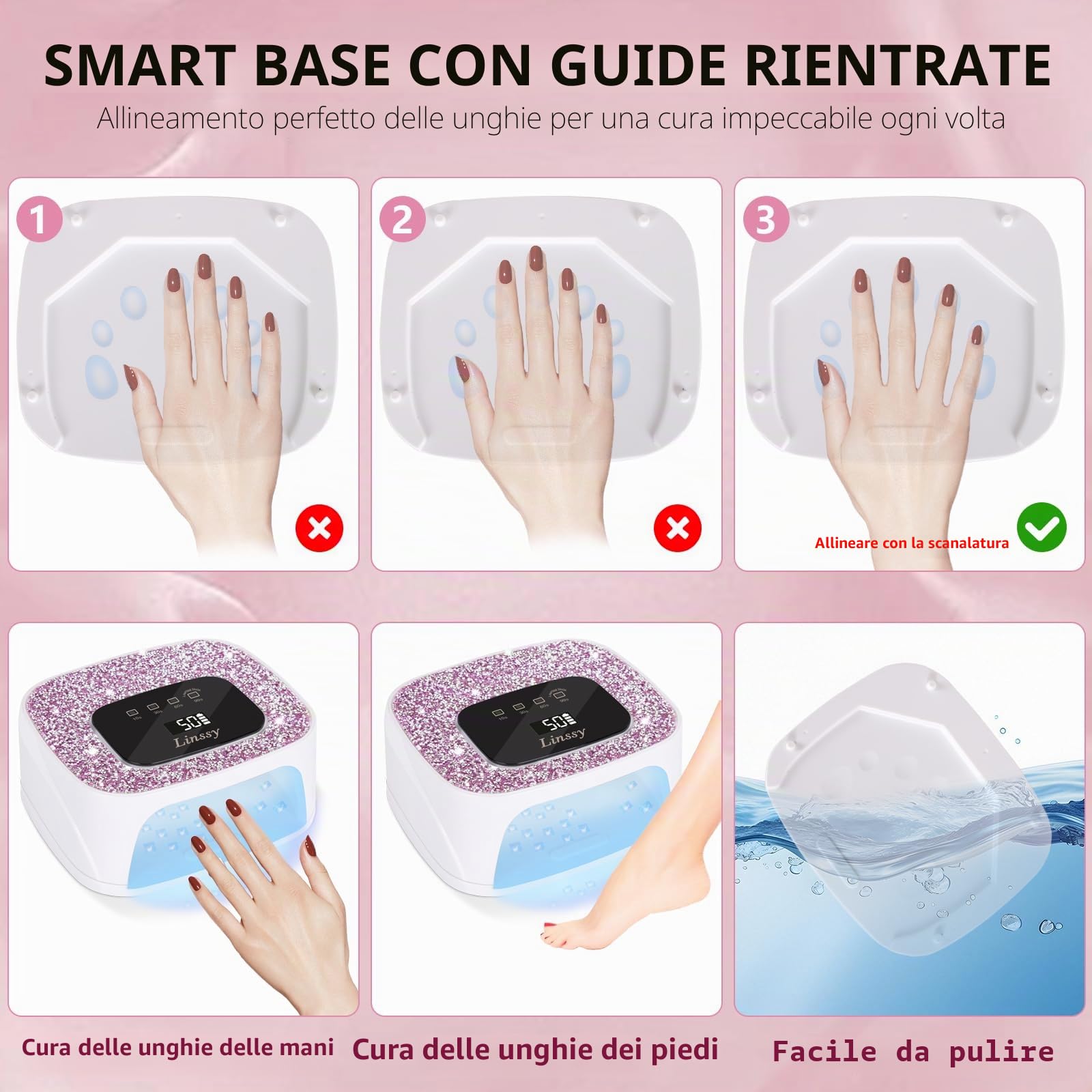 Linssy - Lampada per unghie ricaricabile UV/LED con sensore automatico, asciugatore per unghie in gel portatile senza fili con luce a 4 temporizzazioni e display LCD a diamante, luce UV per unghie in
